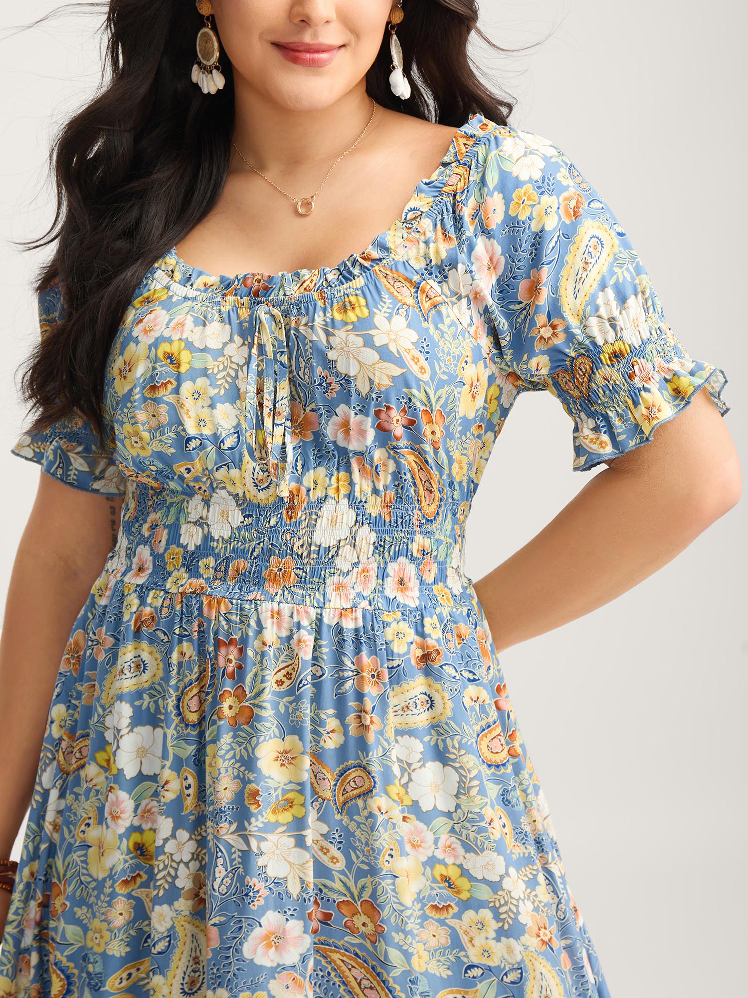 Rayon Paisley Ruffled Shirred Waist Midi Dress - Image 2