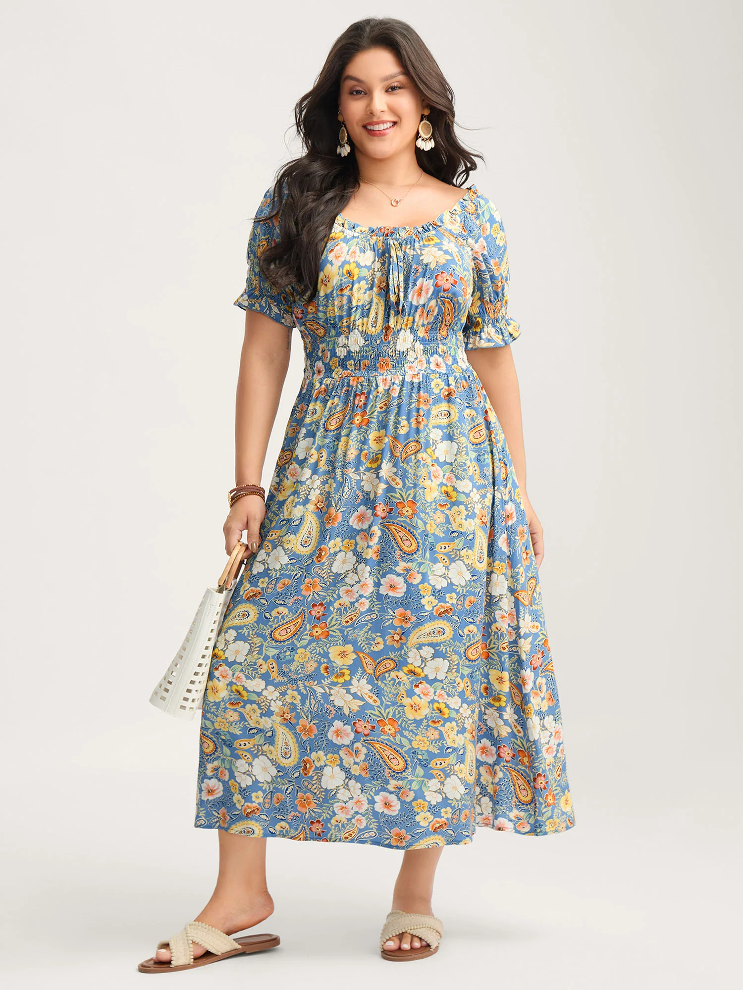Rayon Paisley Ruffled Shirred Waist Midi Dress - Image 3