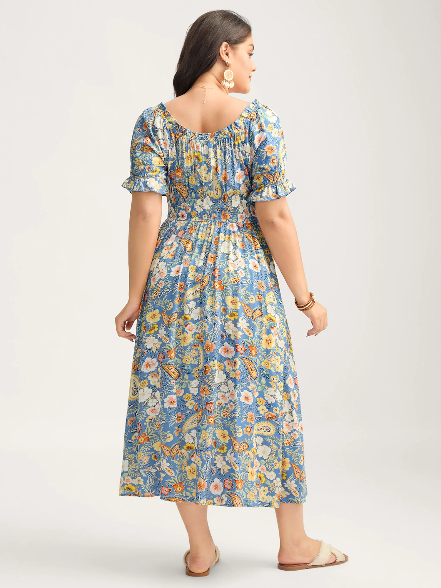 Rayon Paisley Ruffled Shirred Waist Midi Dress - Image 4