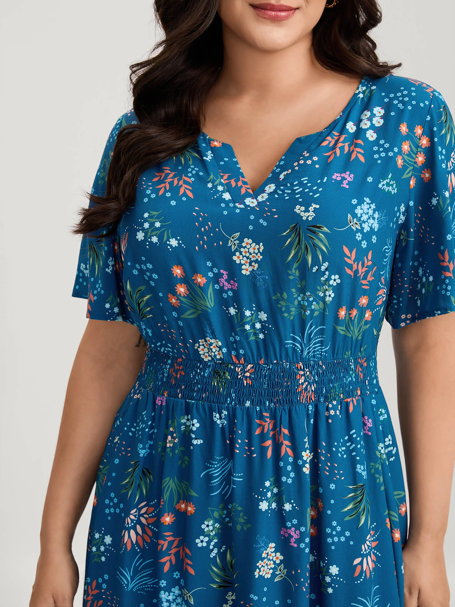 Rayon Playful Floral Shirred Midi Dress - Image 2