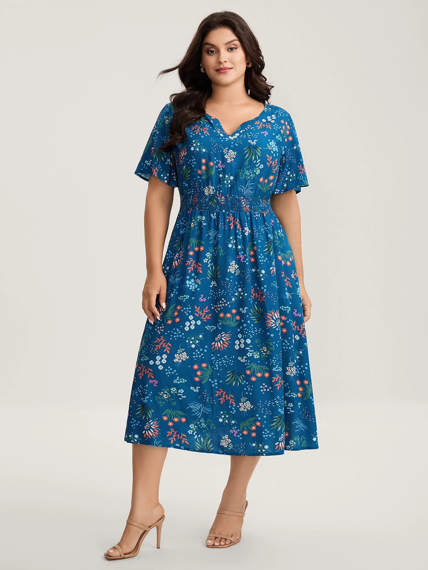 Rayon Playful Floral Shirred Midi Dress - Image 3