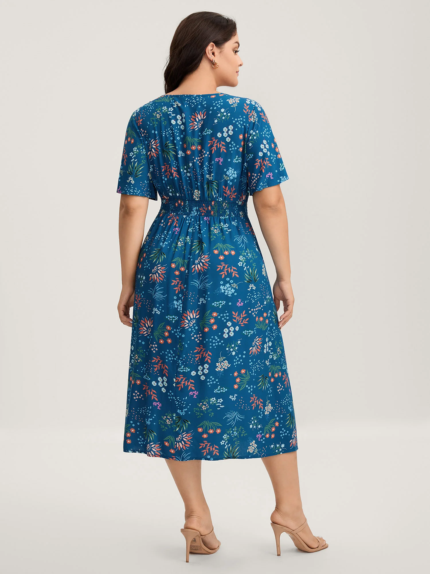 Rayon Playful Floral Shirred Midi Dress - Image 4