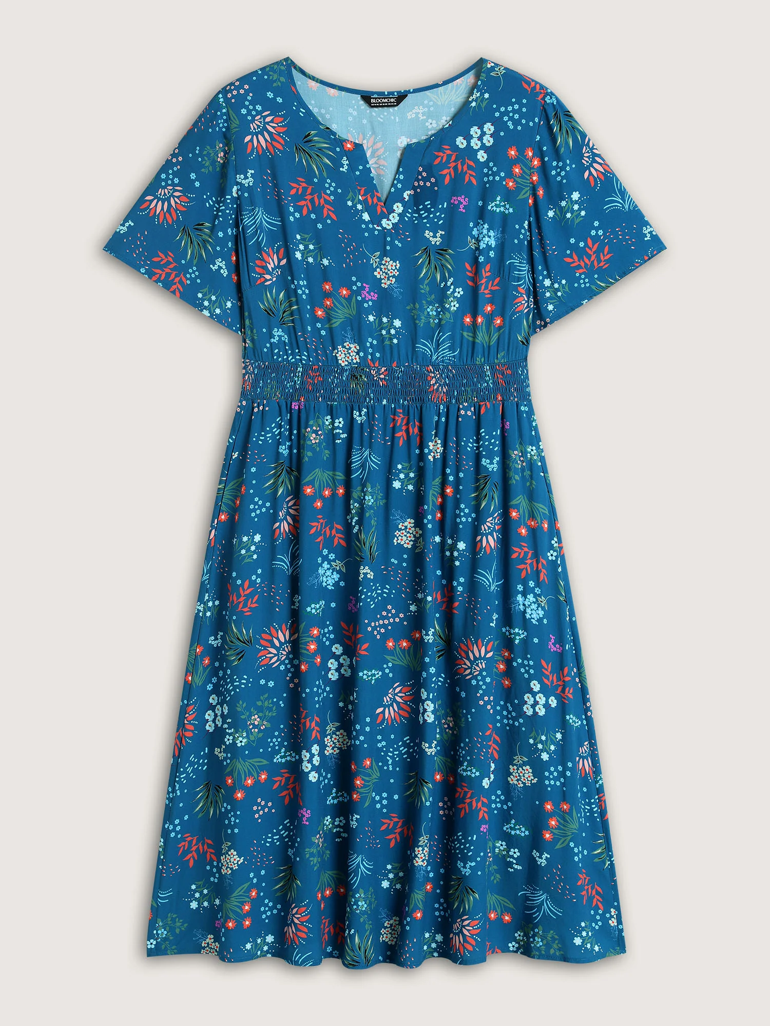 Rayon Playful Floral Shirred Midi Dress - Image 7