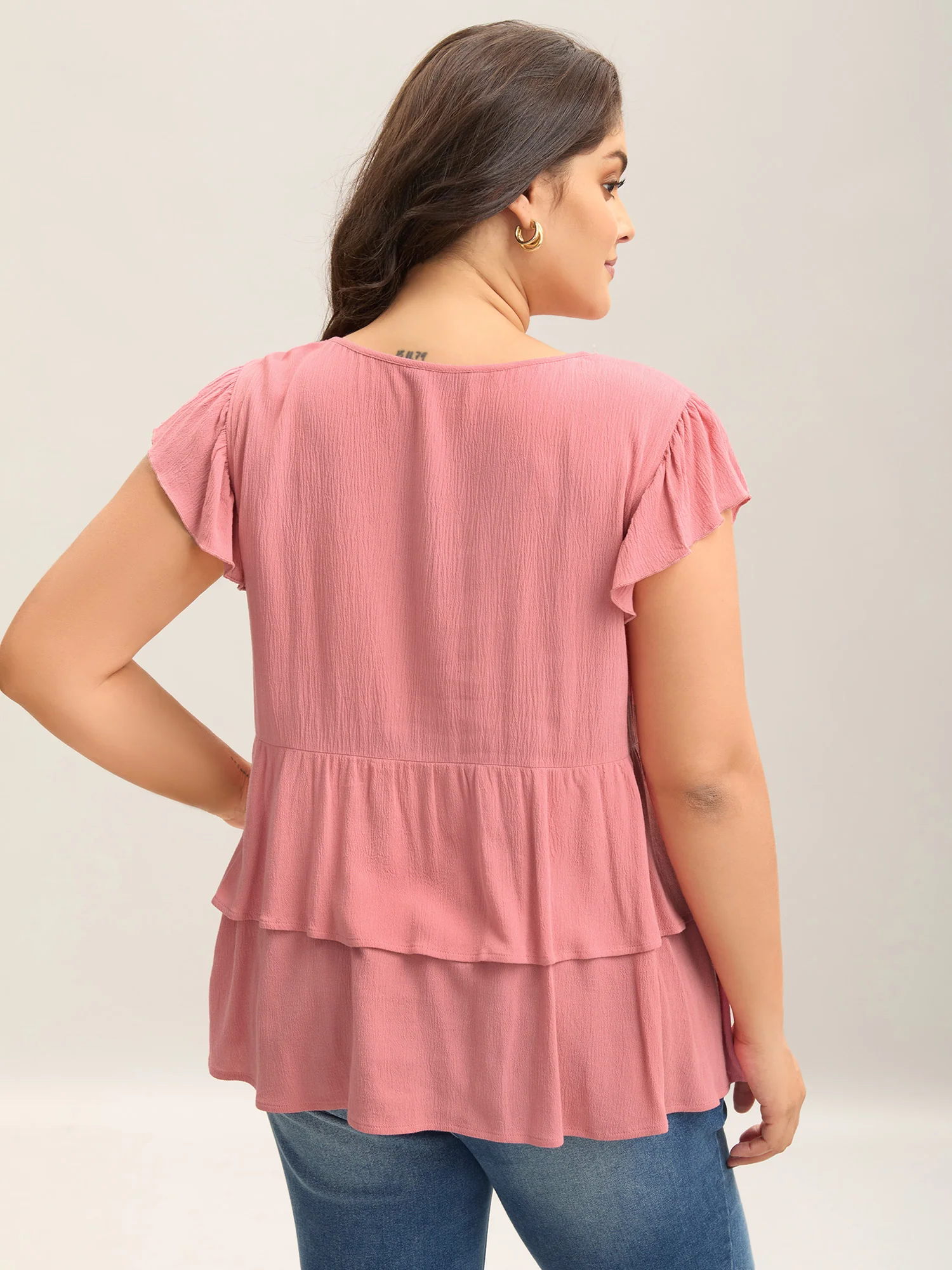 Rayon Ruffled Layered Hem Button Blouse - Image 2