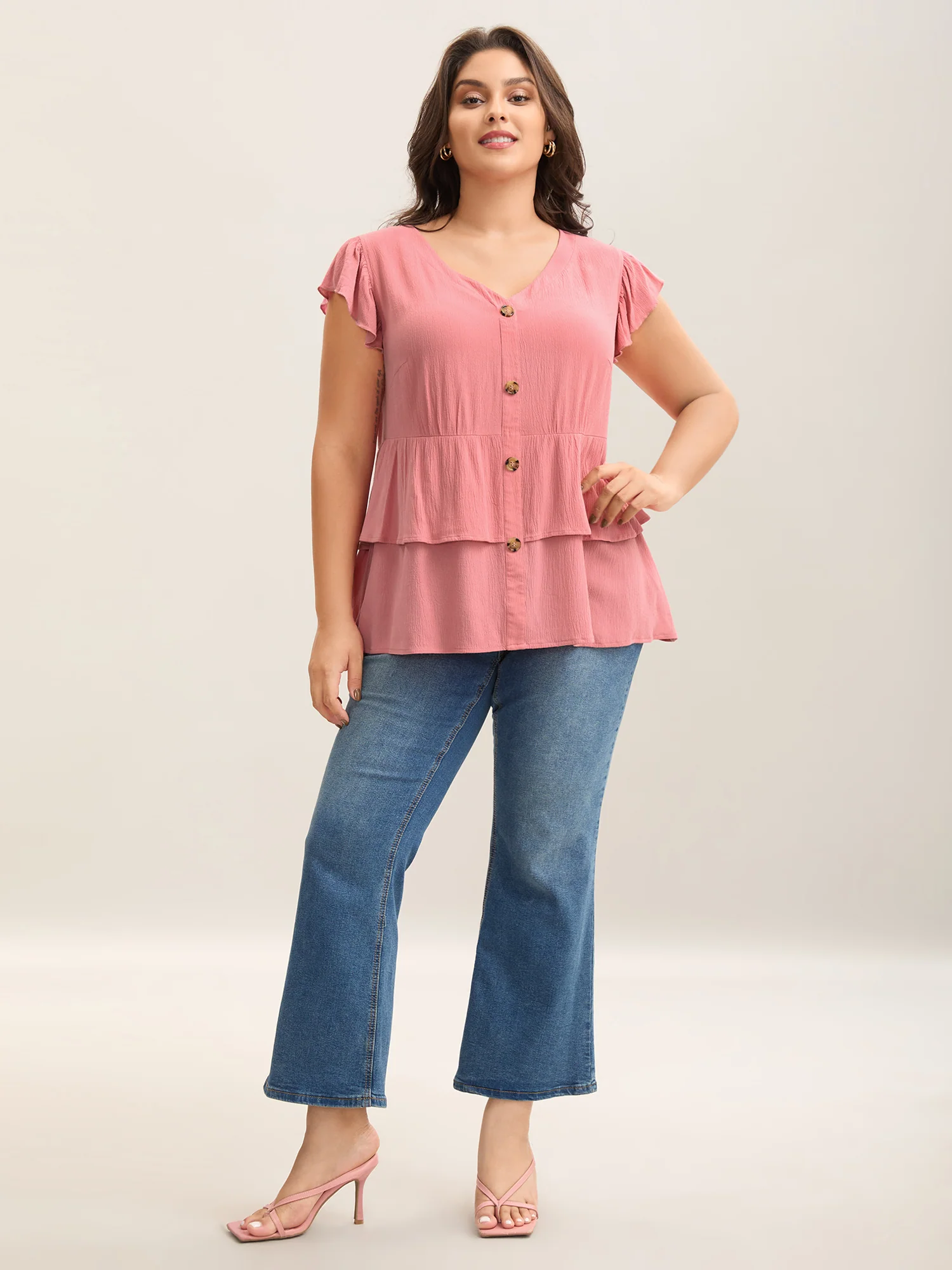 Rayon Ruffled Layered Hem Button Blouse - Image 3