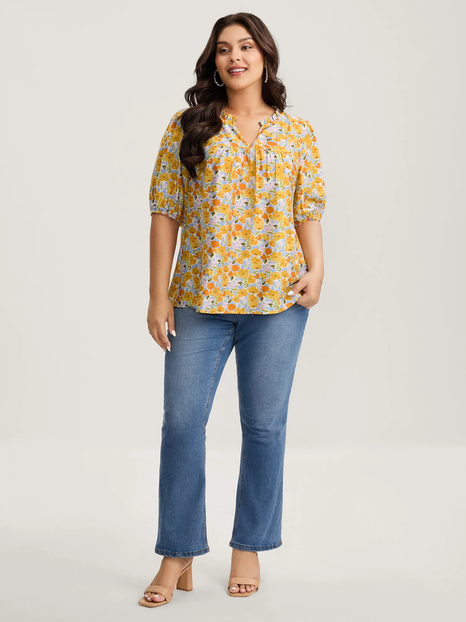 Rayon Ruffled Notched Collar Blouse - Image 3