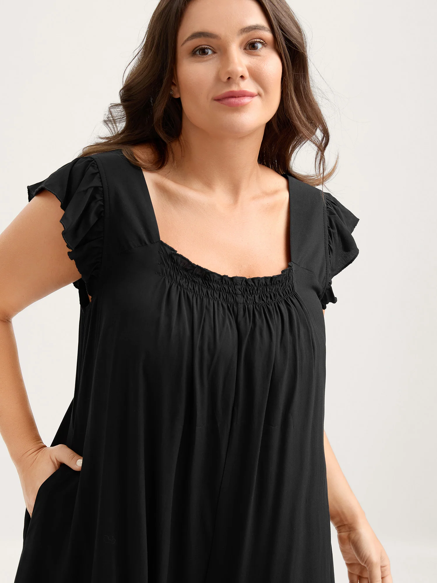 Rayon Shirred Flutter Sleeve Pockets Jumpsuit - Image 2
