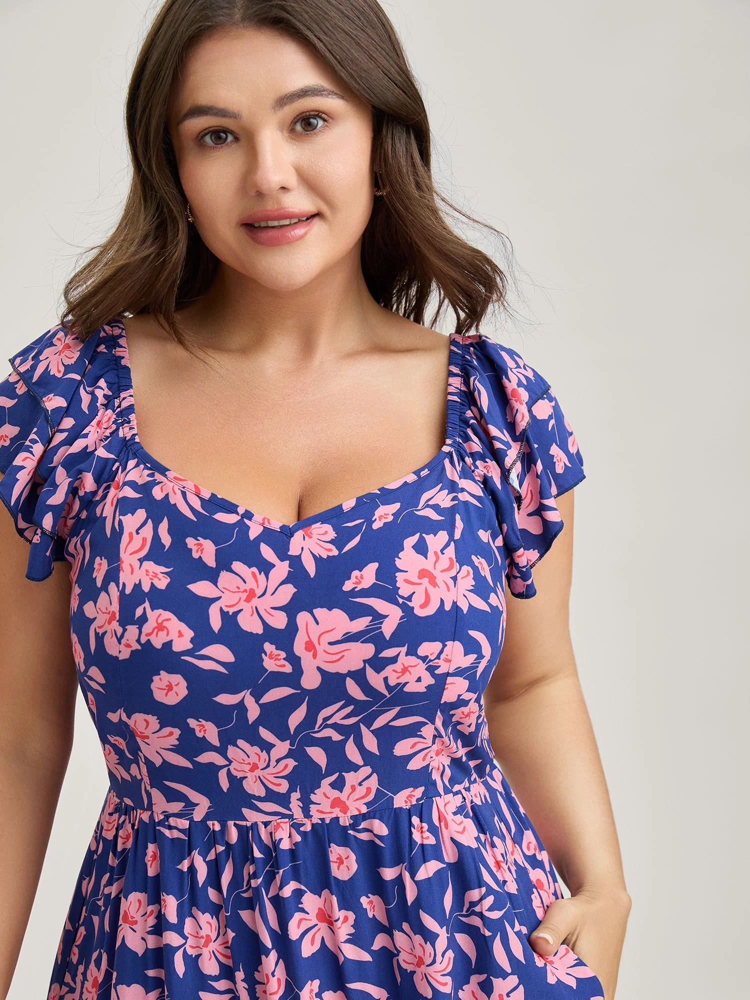 Rayon Silhouette Flower Ruffled Sleeve Midi Dress - Image 2