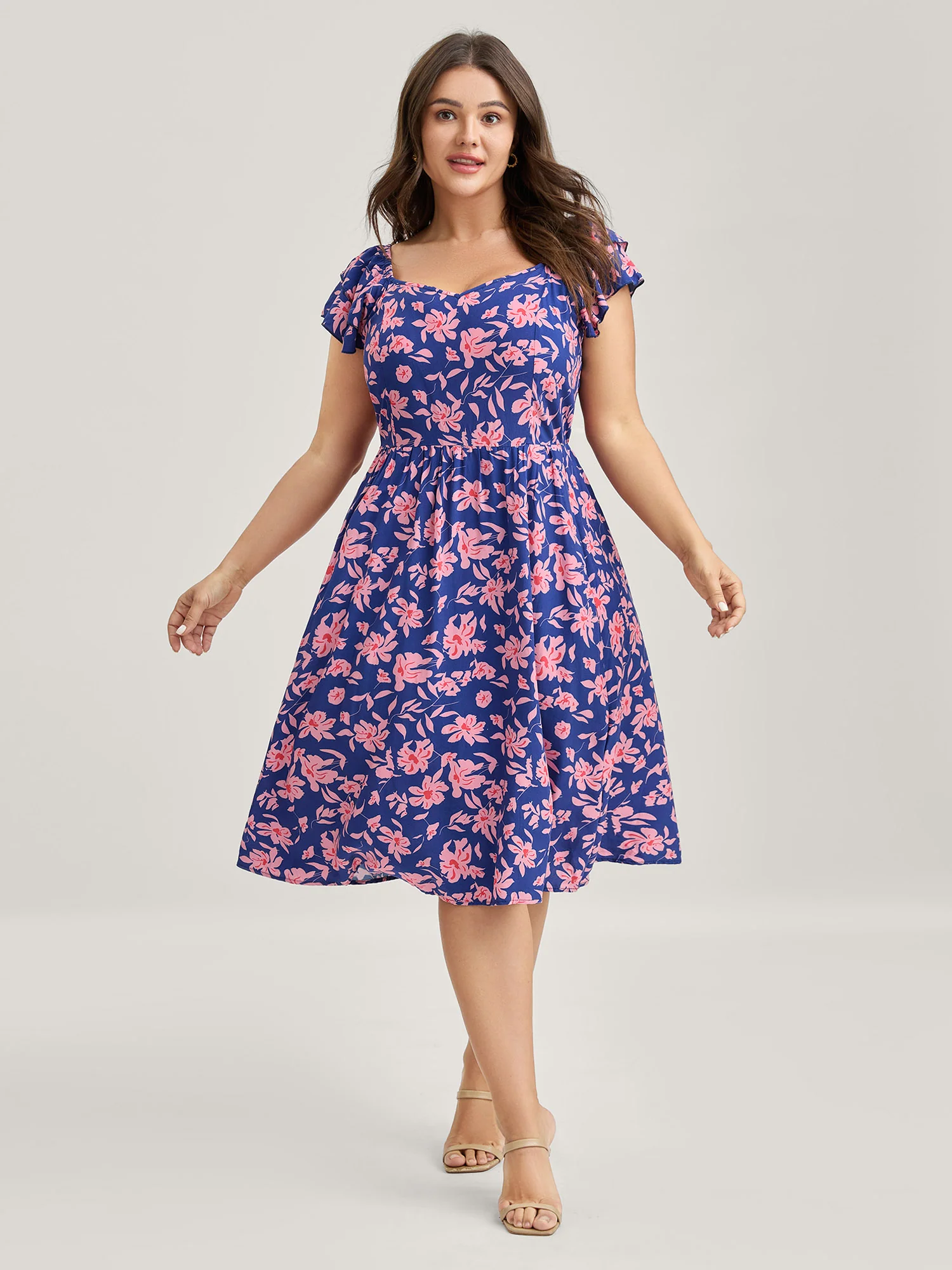 Rayon Silhouette Flower Ruffled Sleeve Midi Dress - Image 3