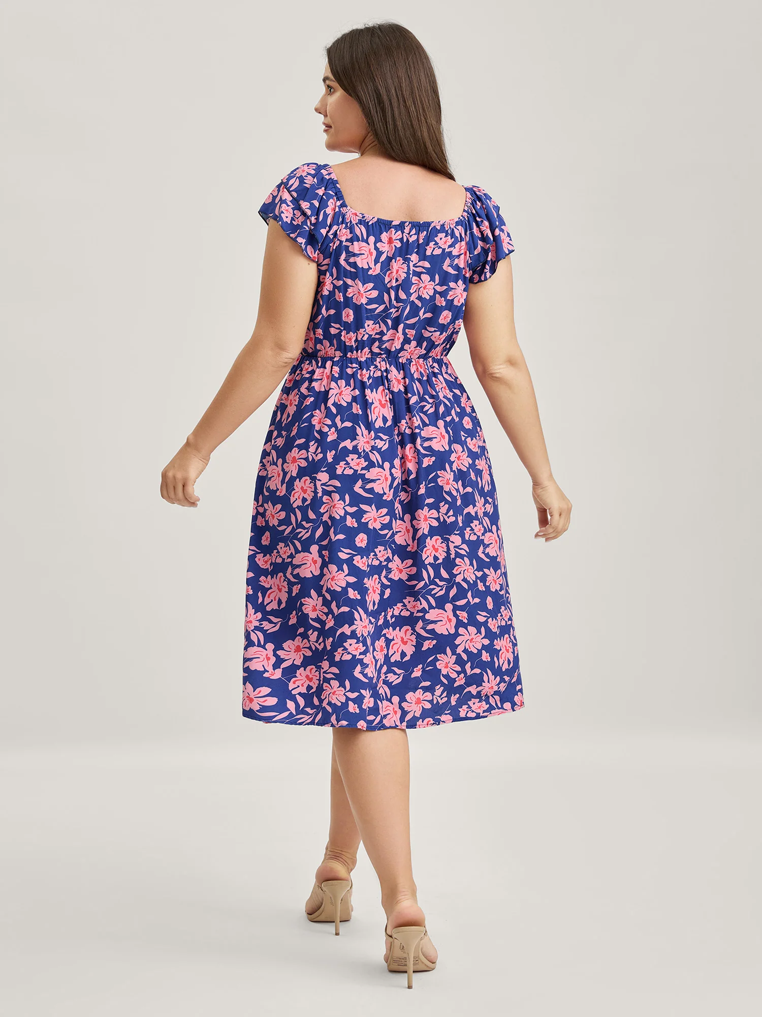 Rayon Silhouette Flower Ruffled Sleeve Midi Dress - Image 4