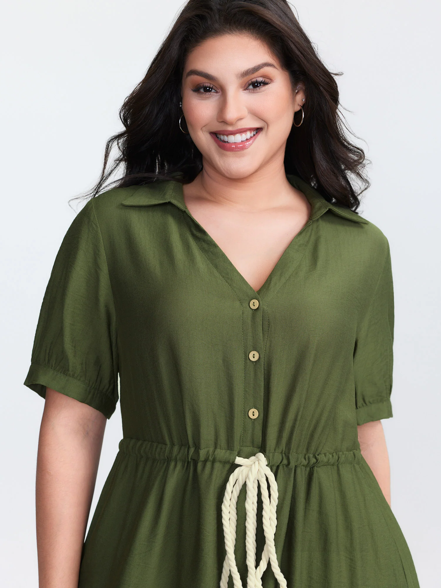 Rayon Slub Waist-Tie Button Mini Dress - Image 2