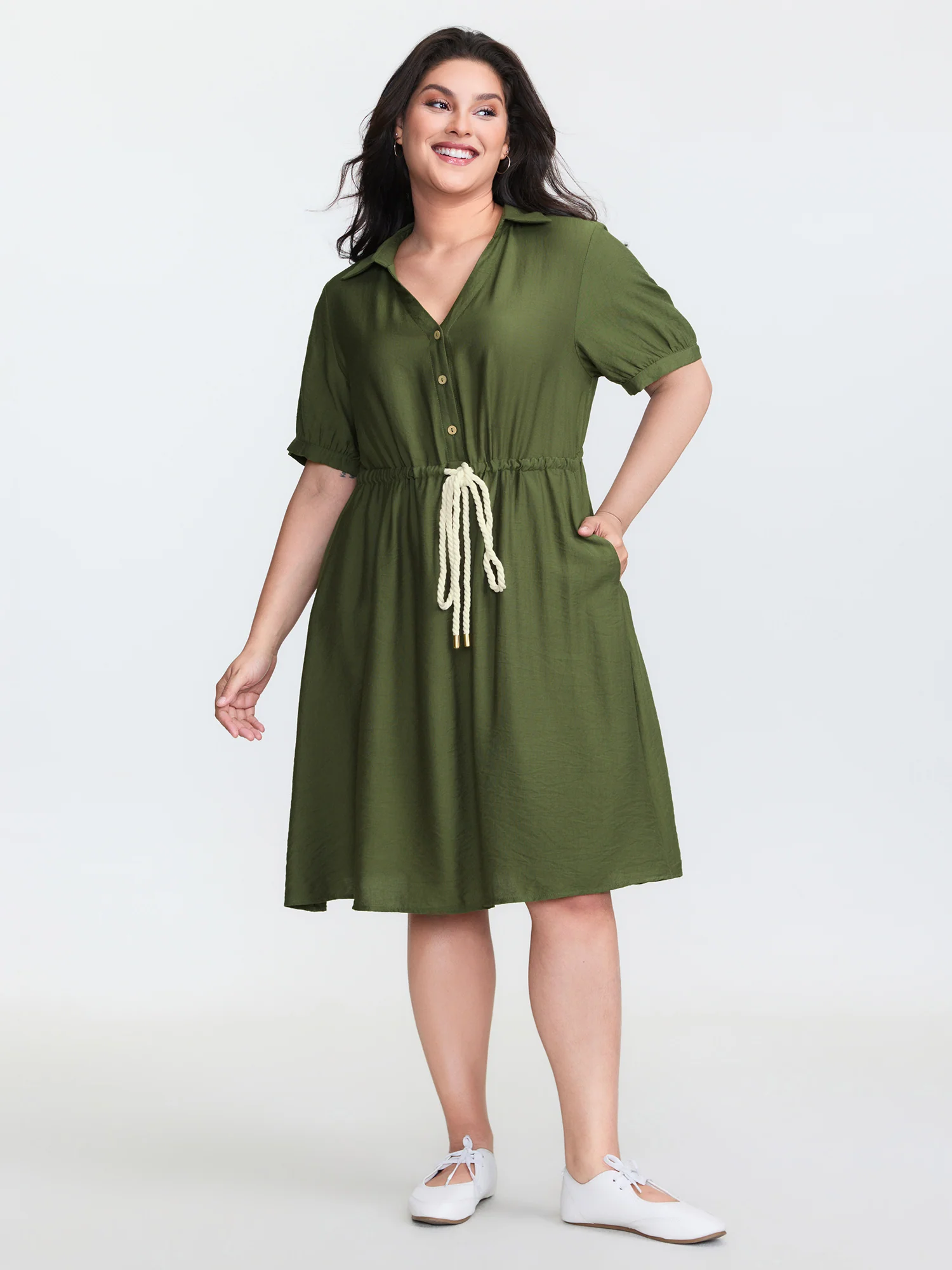 Rayon Slub Waist-Tie Button Mini Dress - Image 3