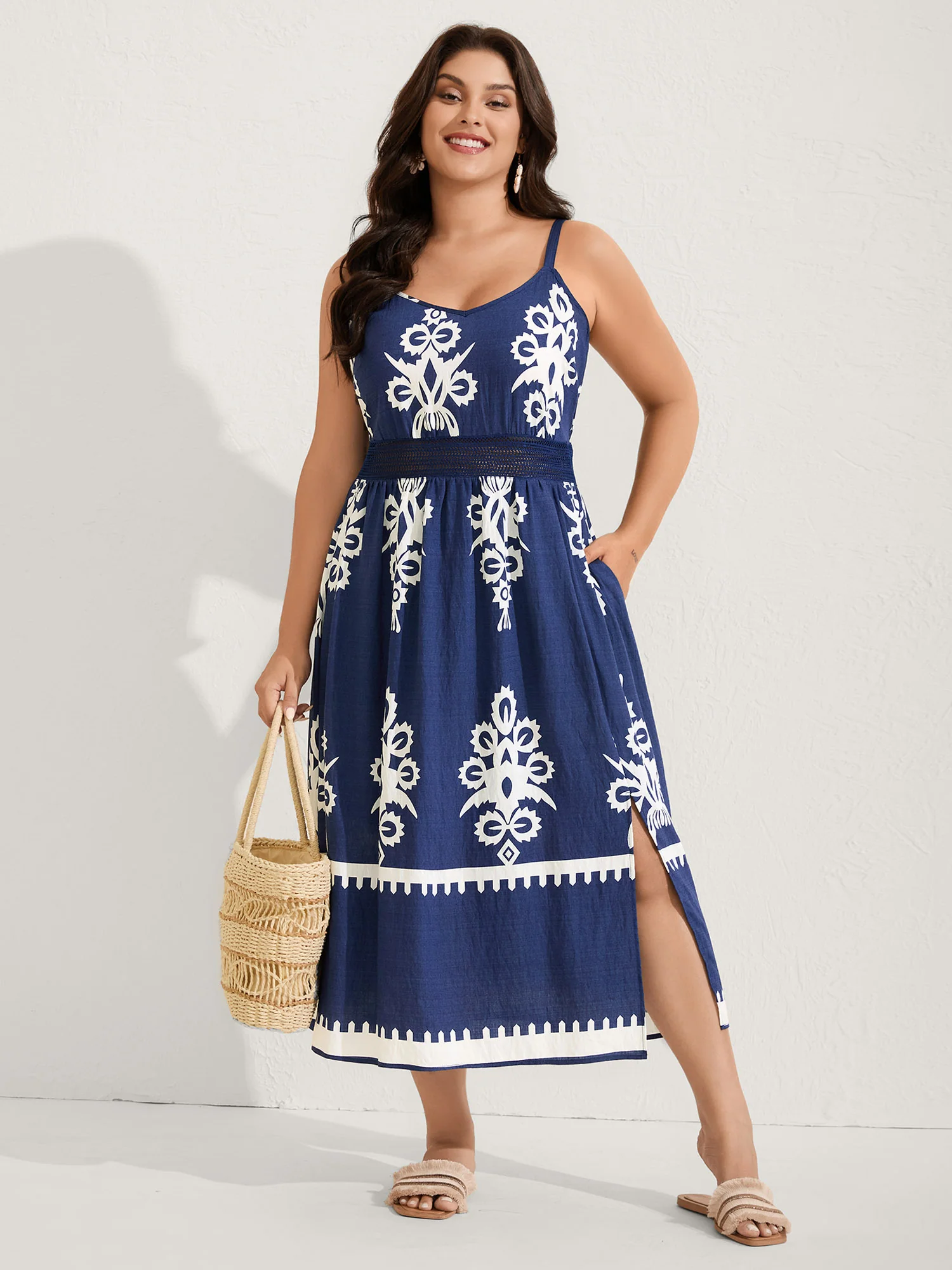 Rayon Stretchy Waist Boho Slit Midi Dress - Image 3