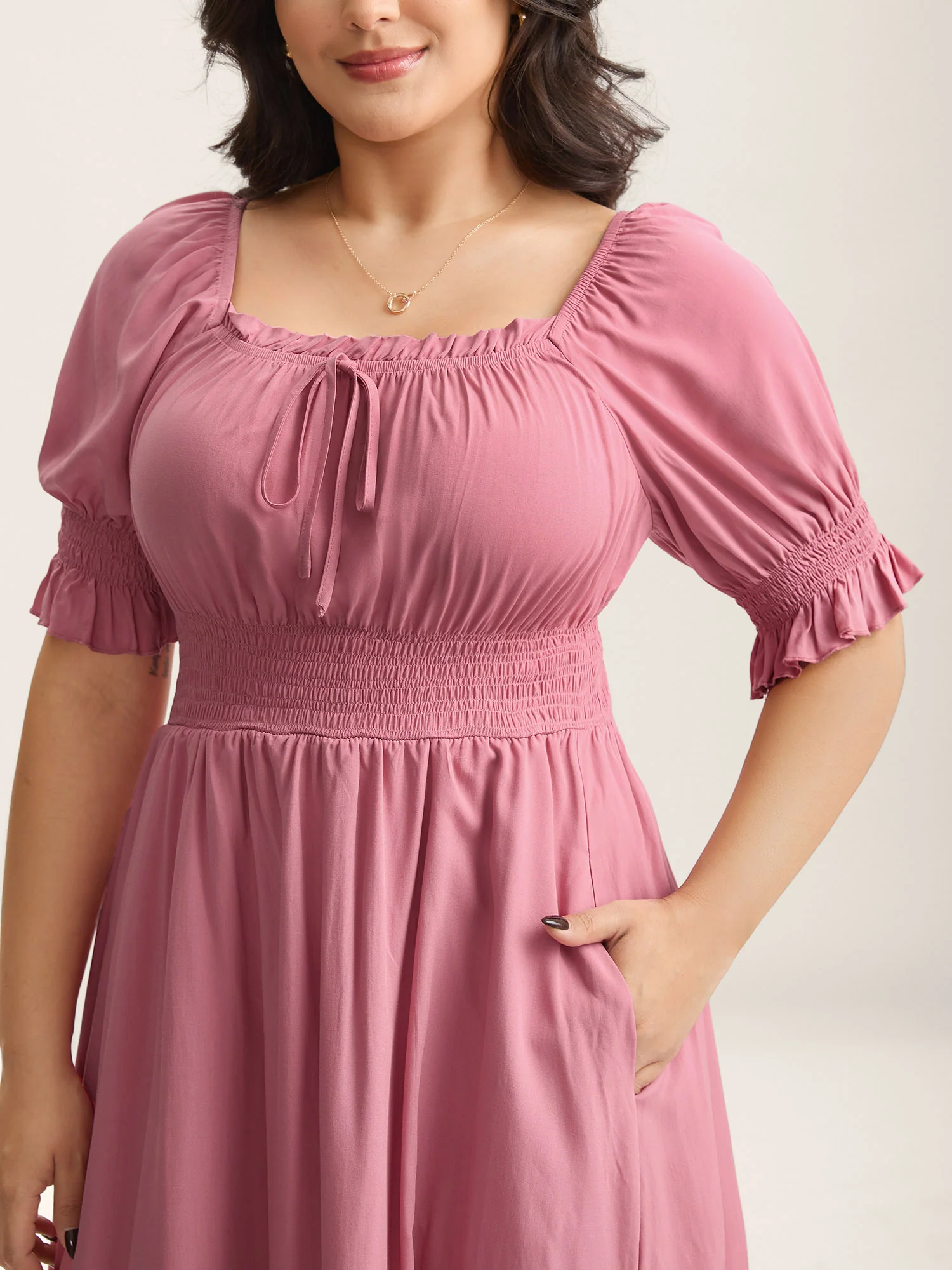 Rayon Stretchy Waist Pockets Milkmaid Dress - Image 2