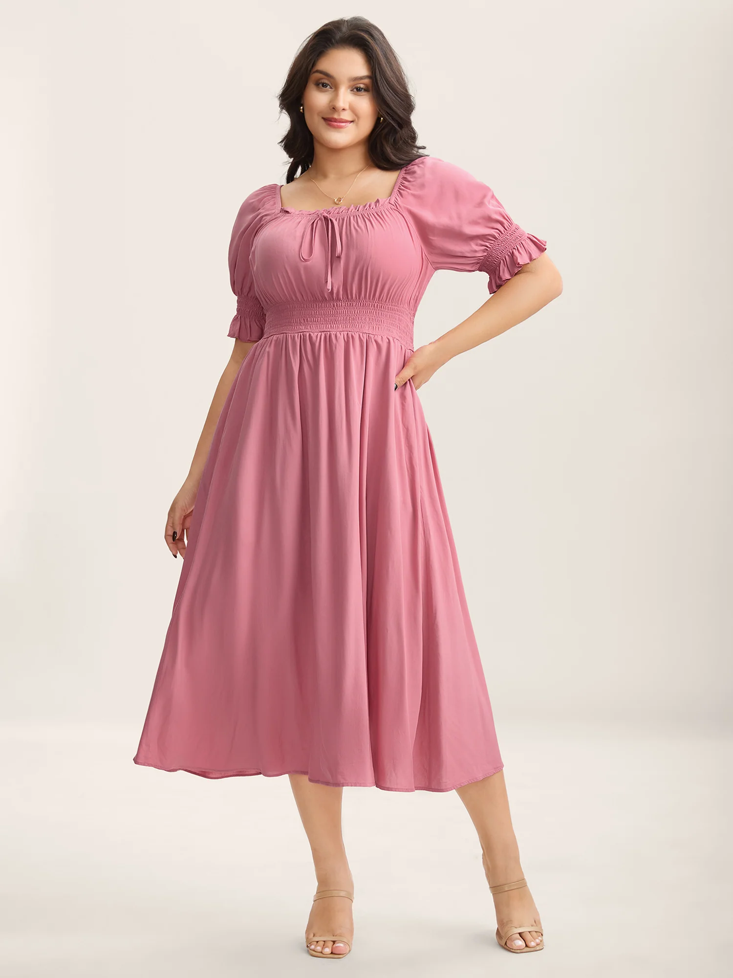 Rayon Stretchy Waist Pockets Milkmaid Dress - Image 3