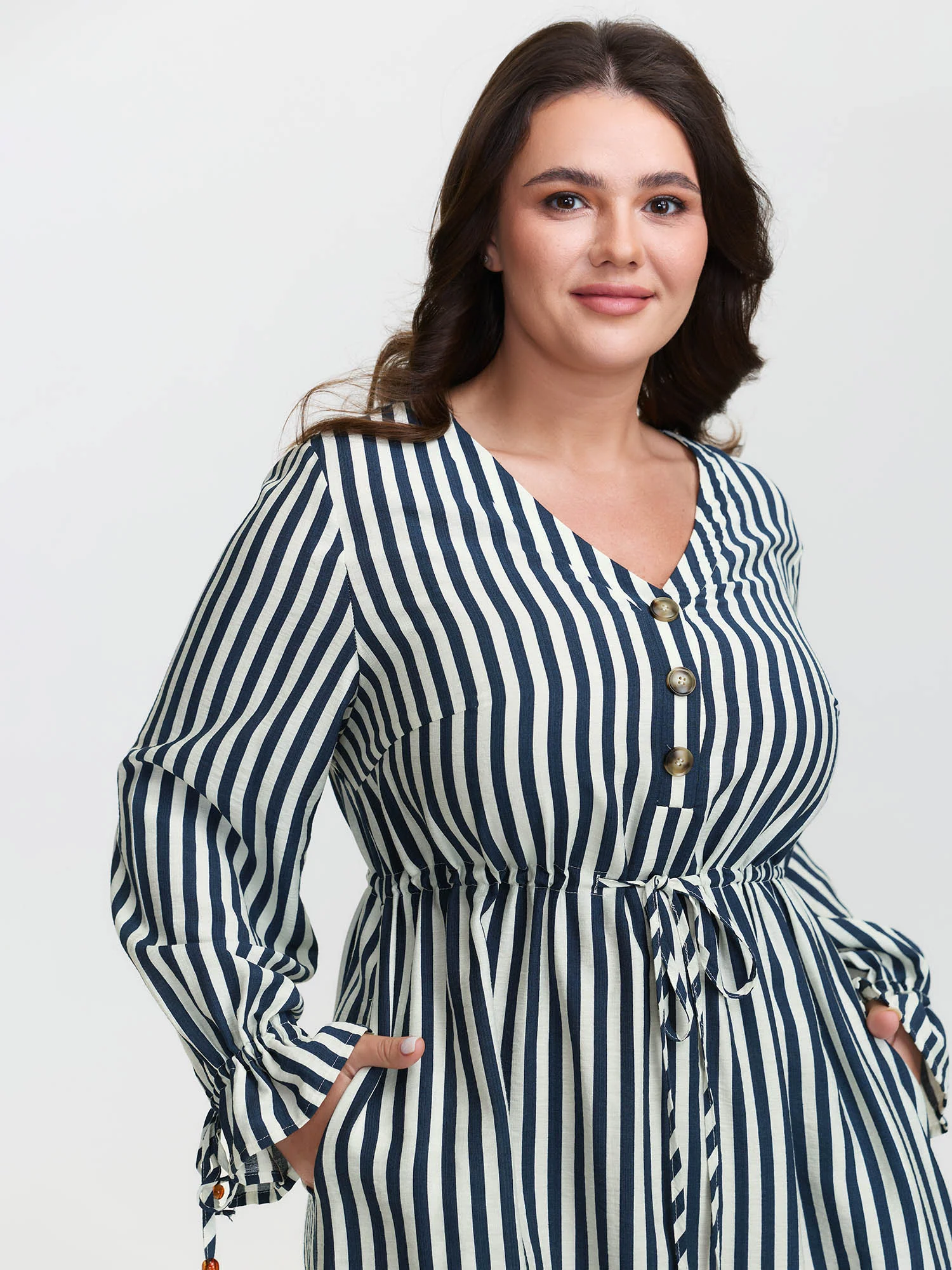 Rayon Stripe Pockets Drawstring Midi Dress - Image 2