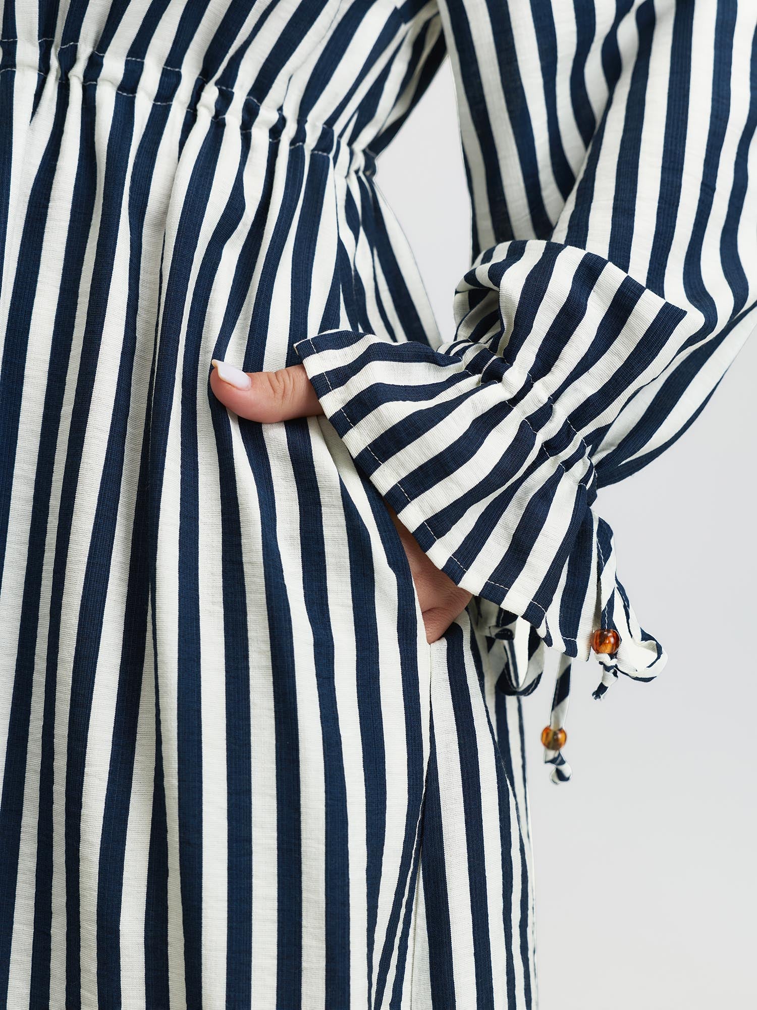 Rayon Stripe Pockets Drawstring Midi Dress - Image 3