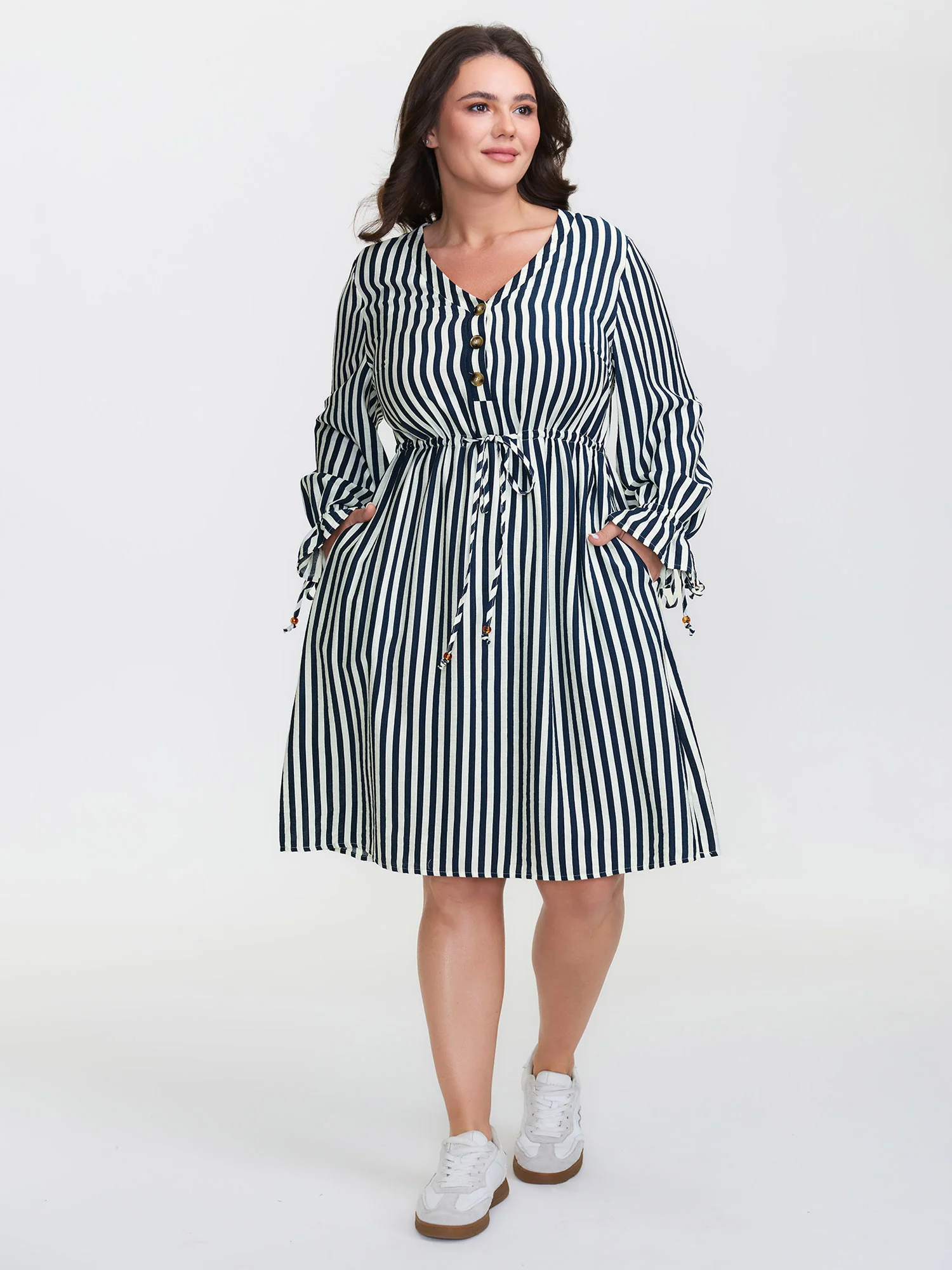 Rayon Stripe Pockets Drawstring Midi Dress - Image 4