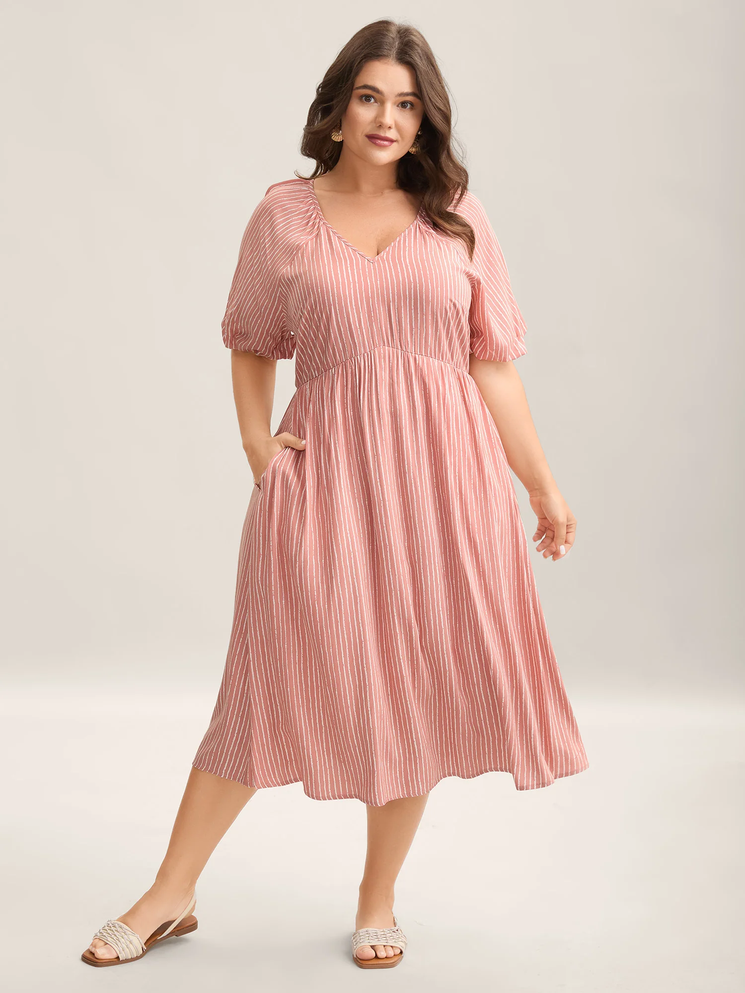 Rayon Stripe Print Puff Sleeve A-Line Dress - Image 2