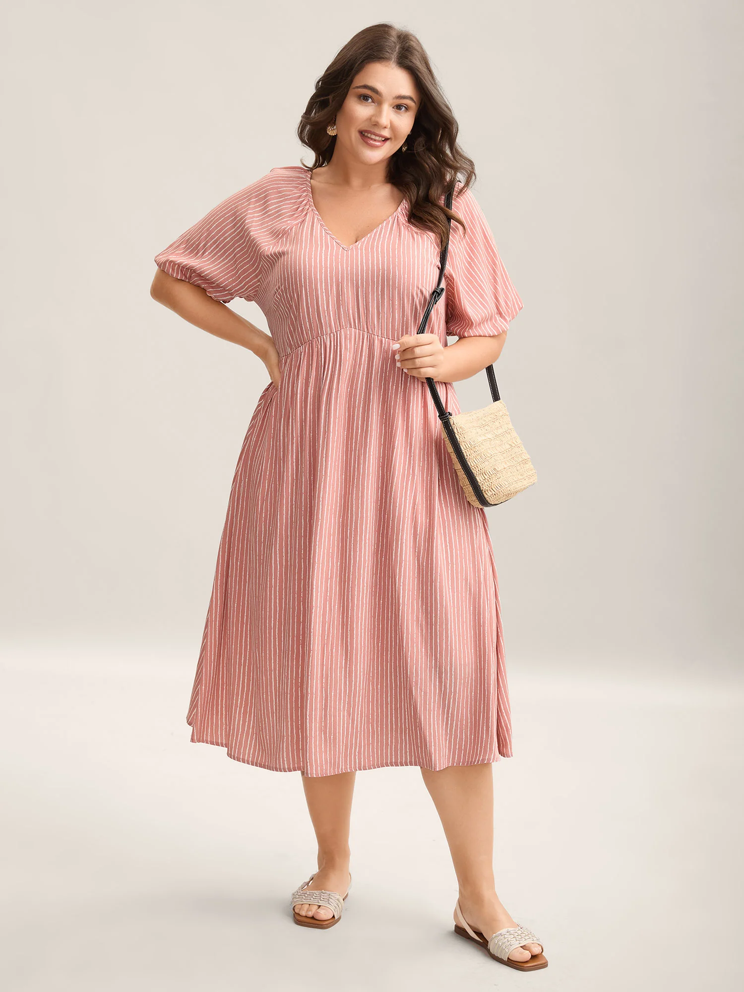 Rayon Stripe Print Puff Sleeve A-Line Dress - Image 3