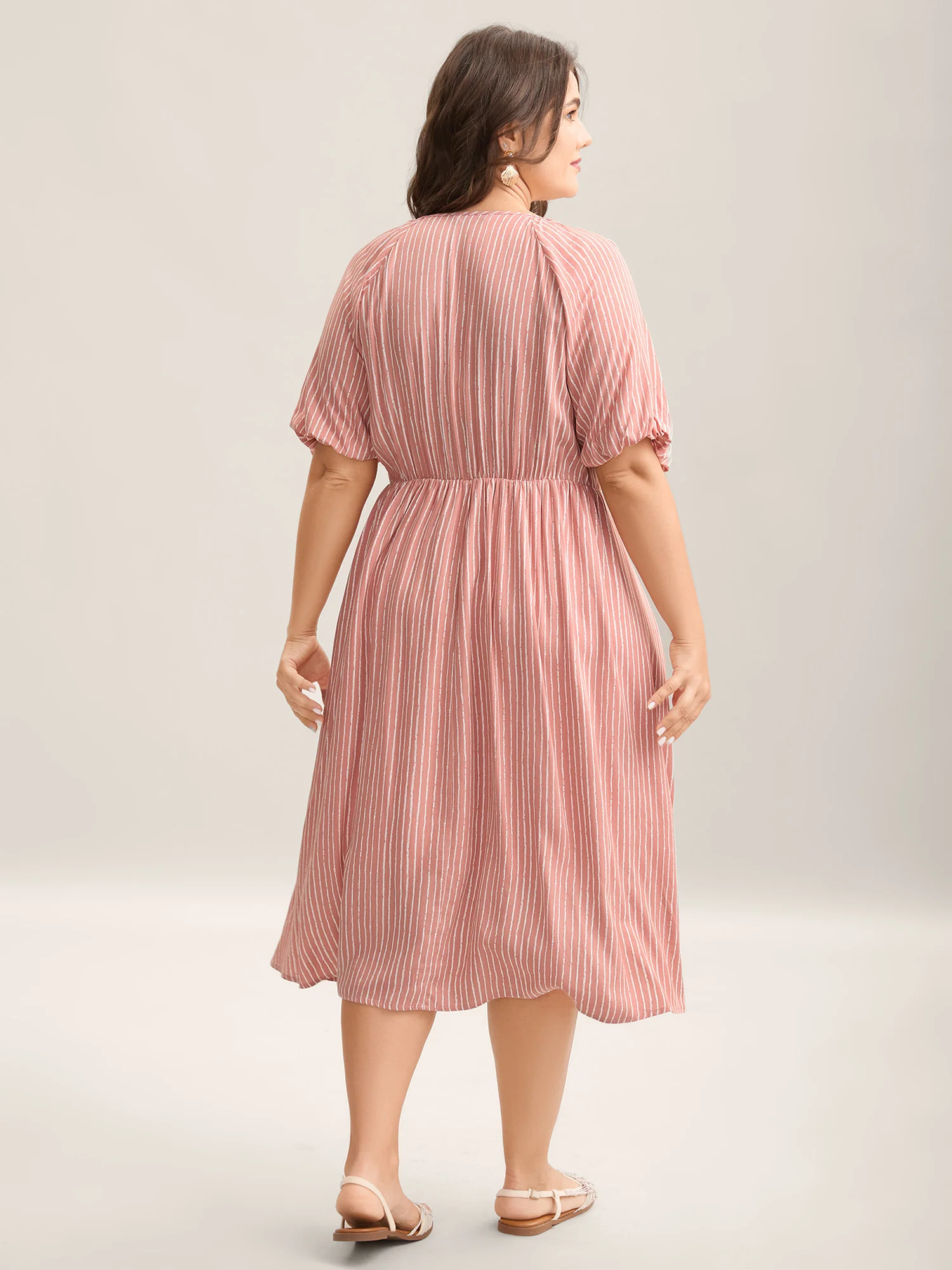 Rayon Stripe Print Puff Sleeve A-Line Dress - Image 4