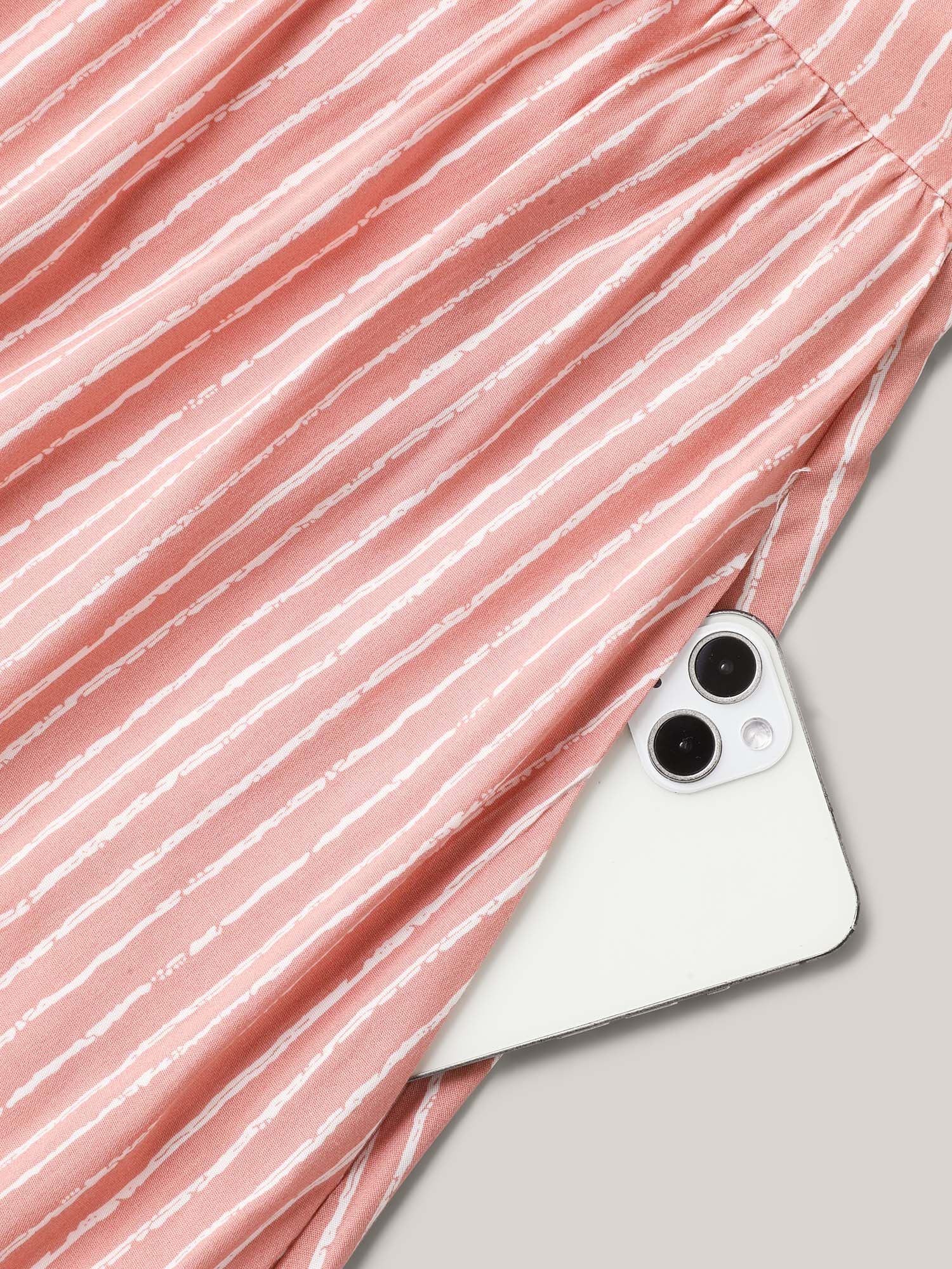 Rayon Stripe Print Puff Sleeve A-Line Dress - Image 5