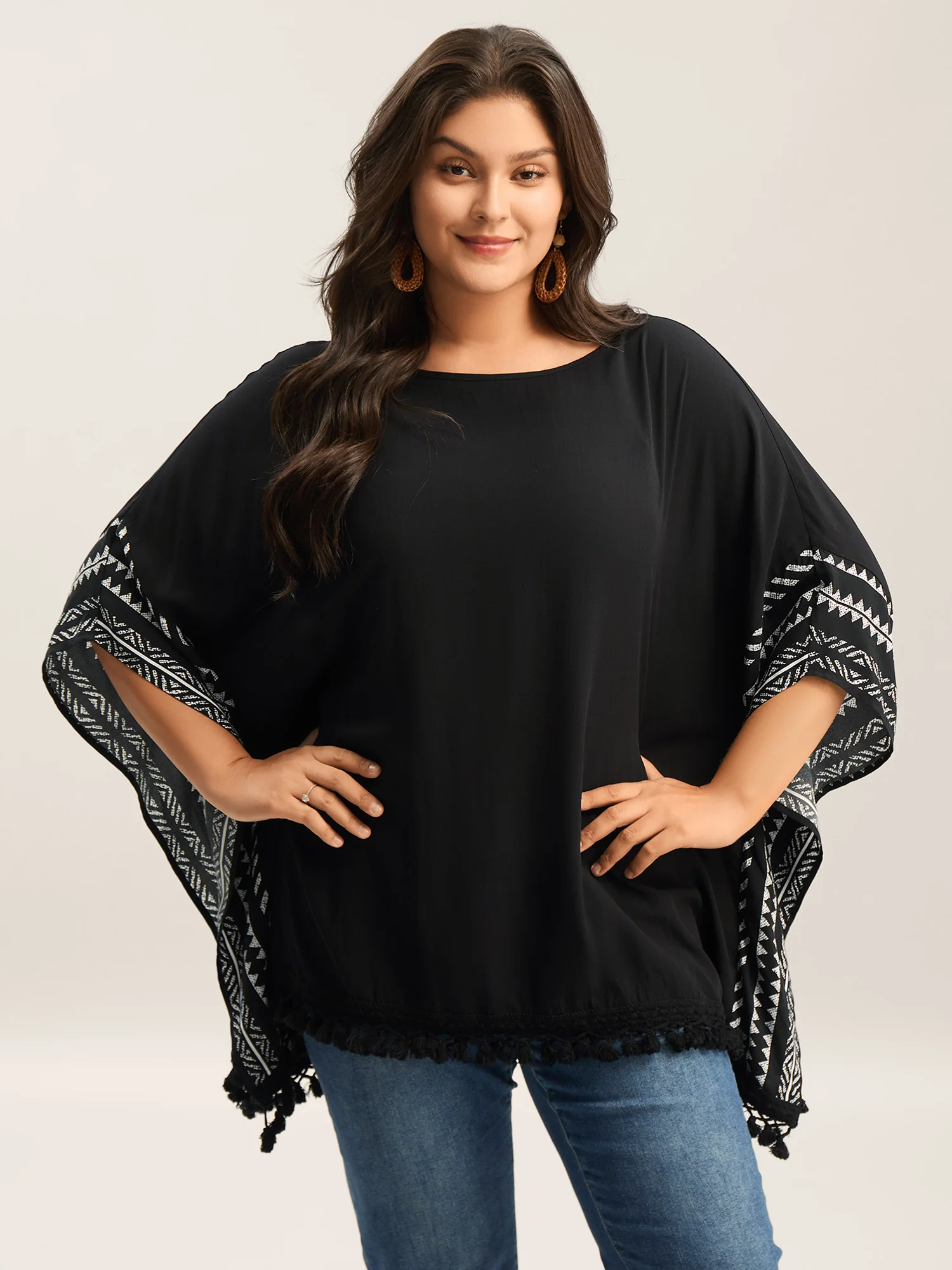 Rayon Tassels Boho Print Relaxed Blouse