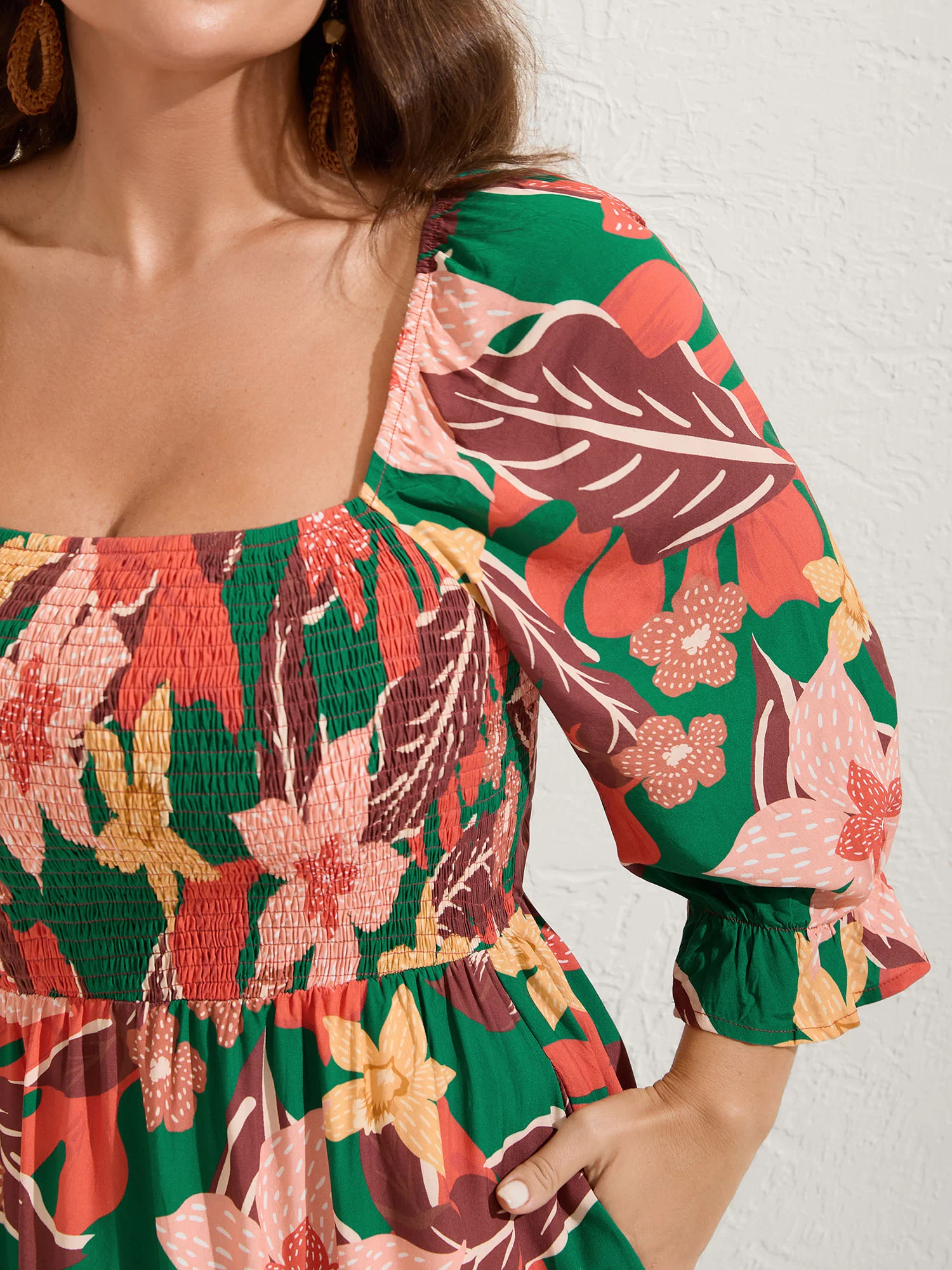 Rayon Tropical Floral Shirred Stretchy Waist Midi Dress - Image 2