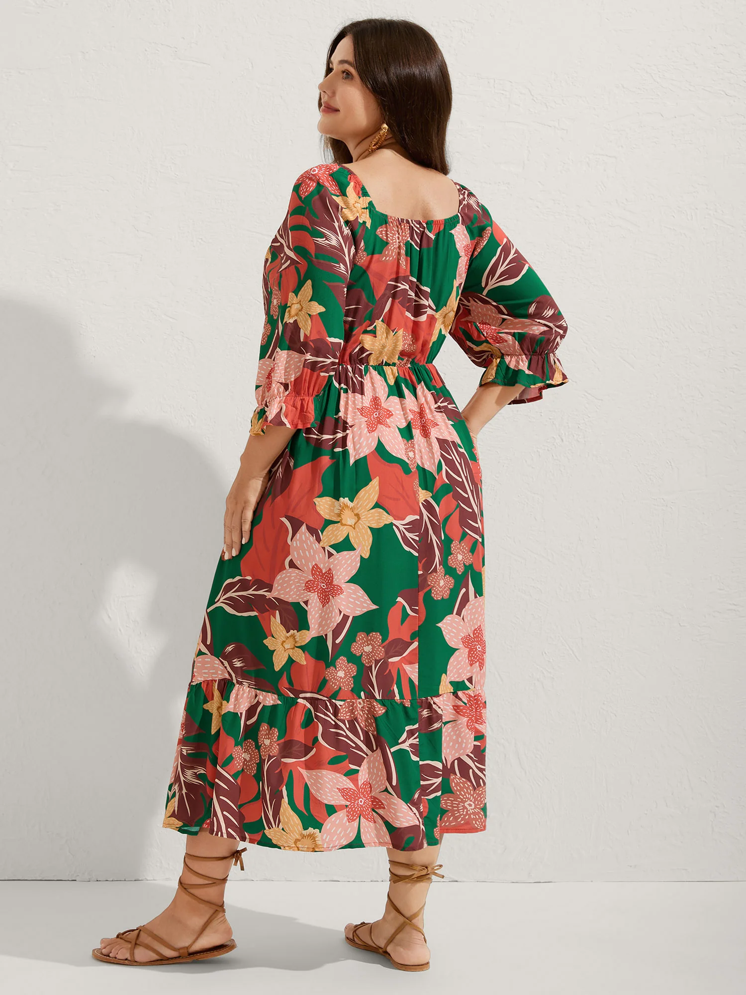 Rayon Tropical Floral Shirred Stretchy Waist Midi Dress - Image 4