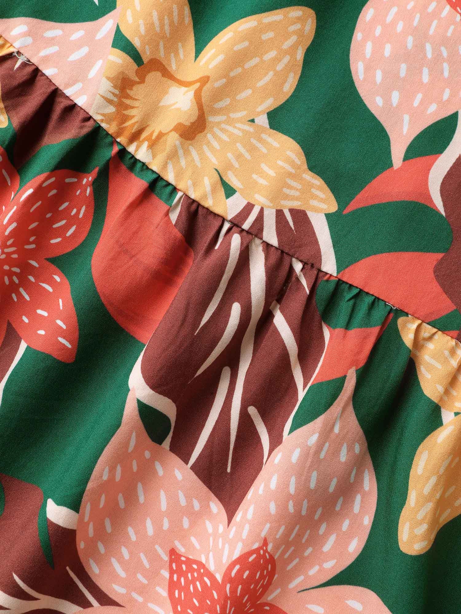 Rayon Tropical Floral Shirred Stretchy Waist Midi Dress - Image 6