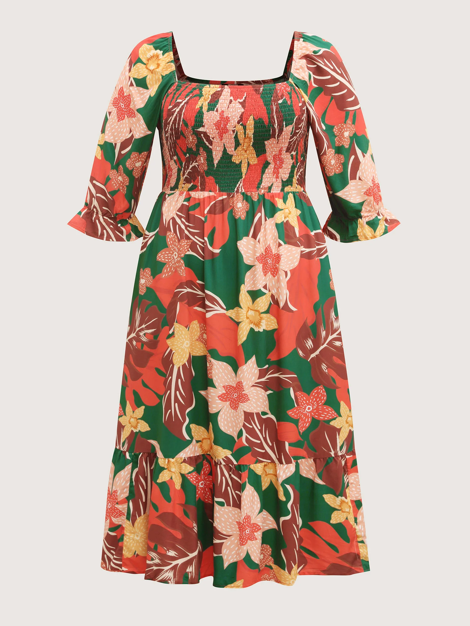 Rayon Tropical Floral Shirred Stretchy Waist Midi Dress - Image 7