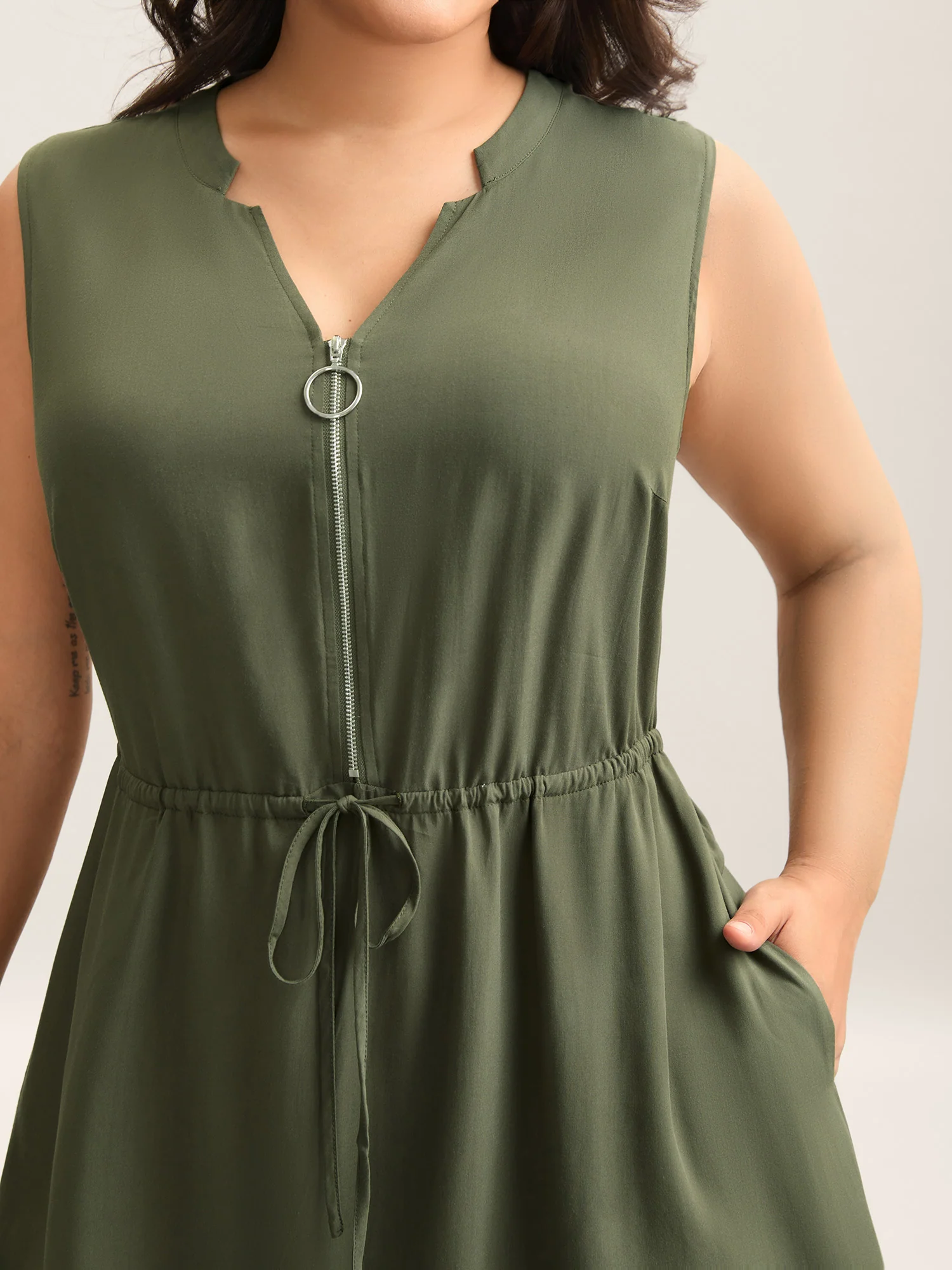 Rayon Zipper Front Waist-Tie Midi Dress - Image 2