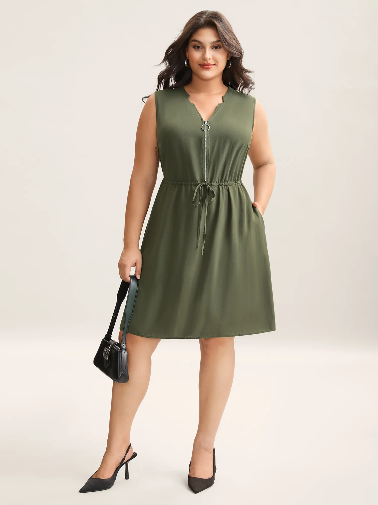Rayon Zipper Front Waist-Tie Midi Dress - Image 3