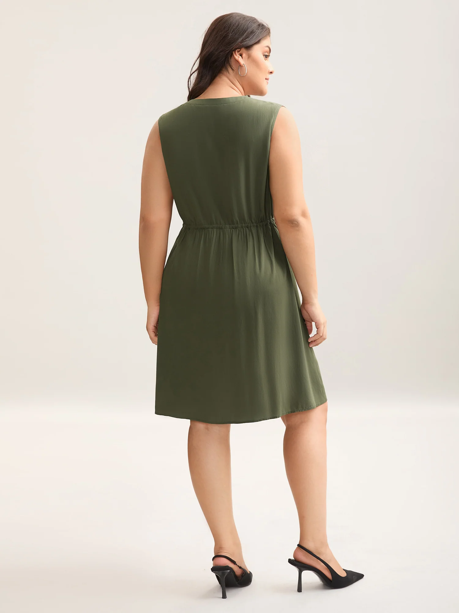Rayon Zipper Front Waist-Tie Midi Dress - Image 4