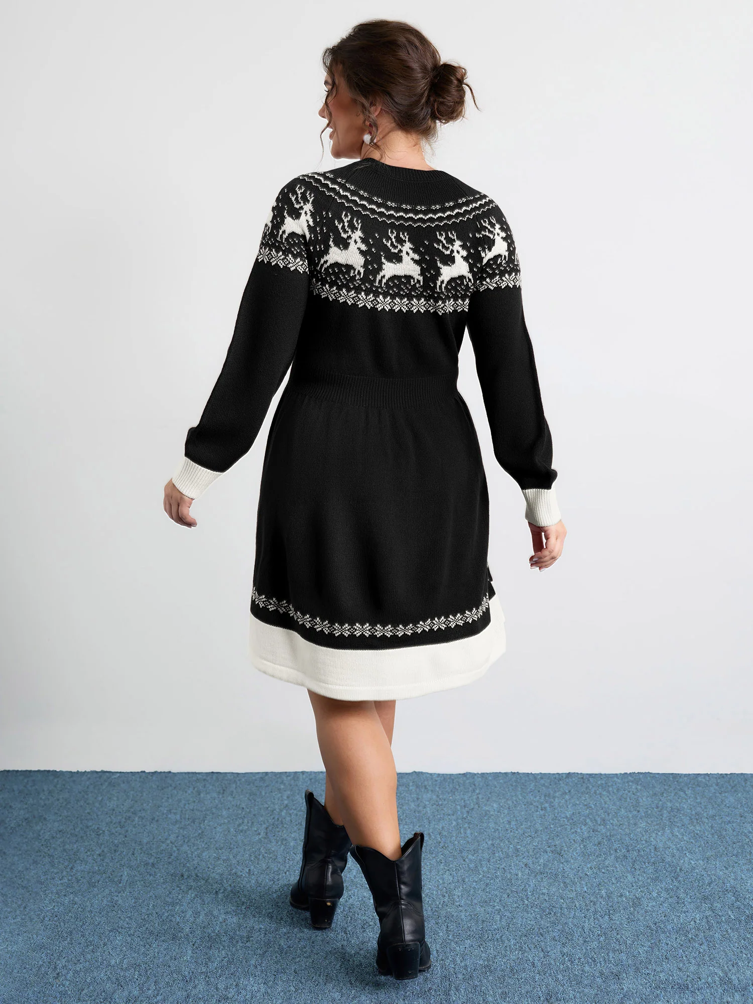 Reindeer Print Cinched-Waist Sweater Mini Dress - Image 11