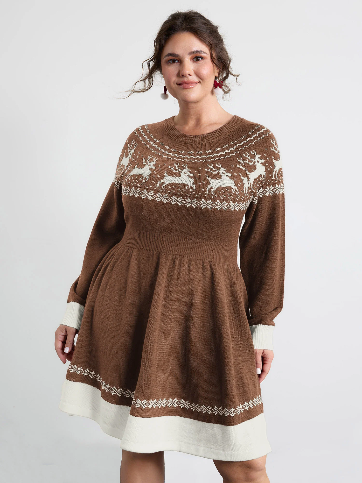 Reindeer Print Cinched-Waist Sweater Mini Dress - Image 12