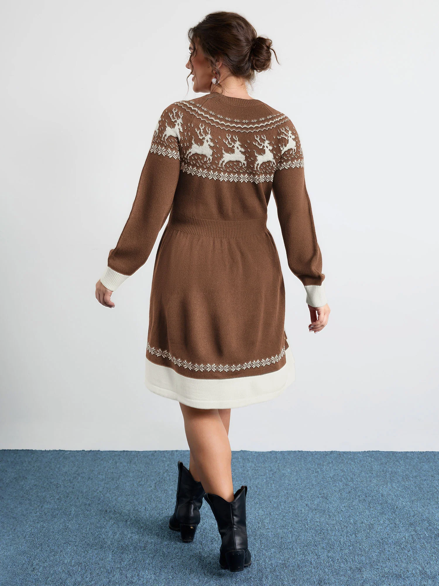 Reindeer Print Cinched-Waist Sweater Mini Dress - Image 15
