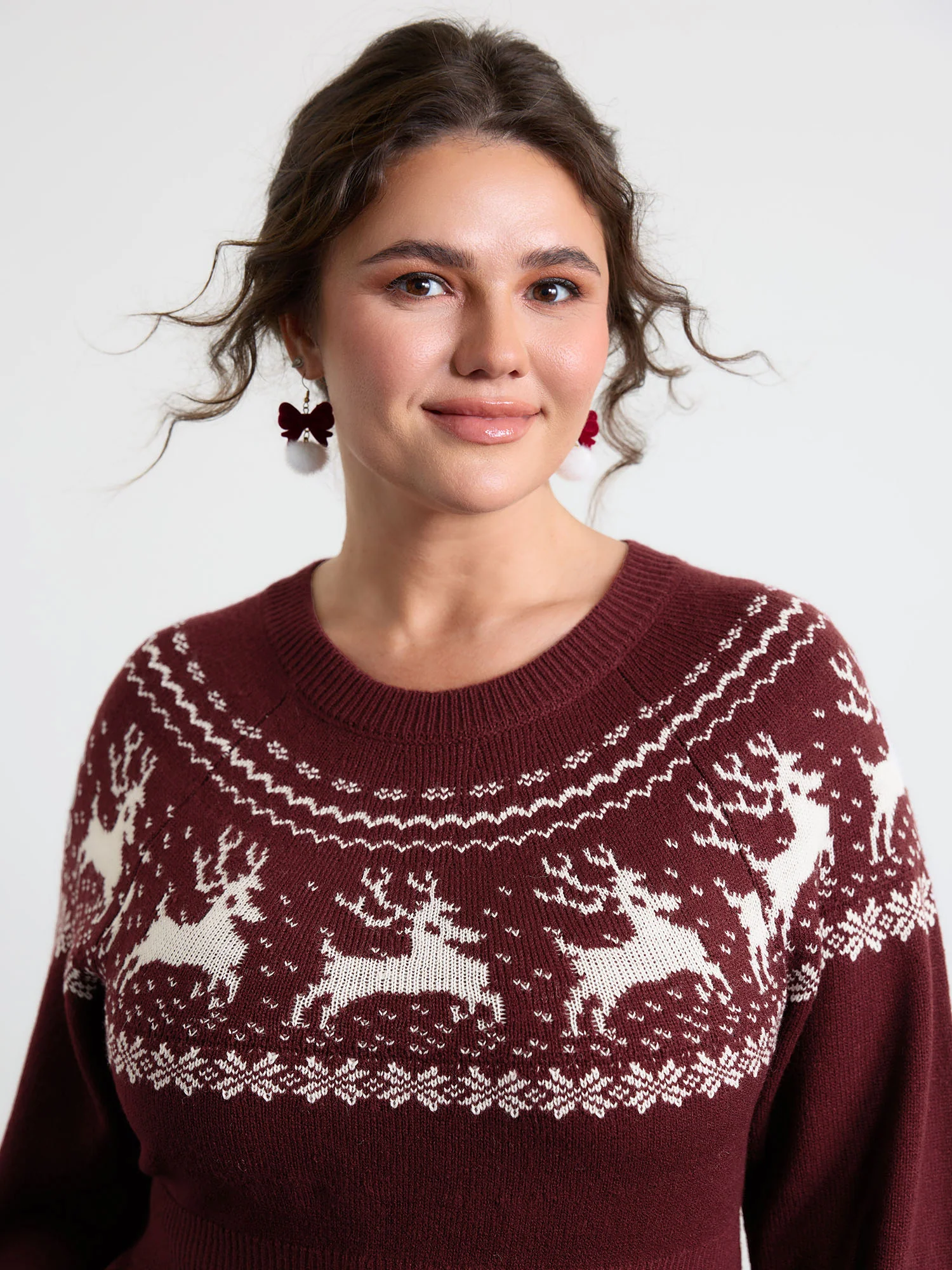 Reindeer Print Cinched-Waist Sweater Mini Dress - Image 2