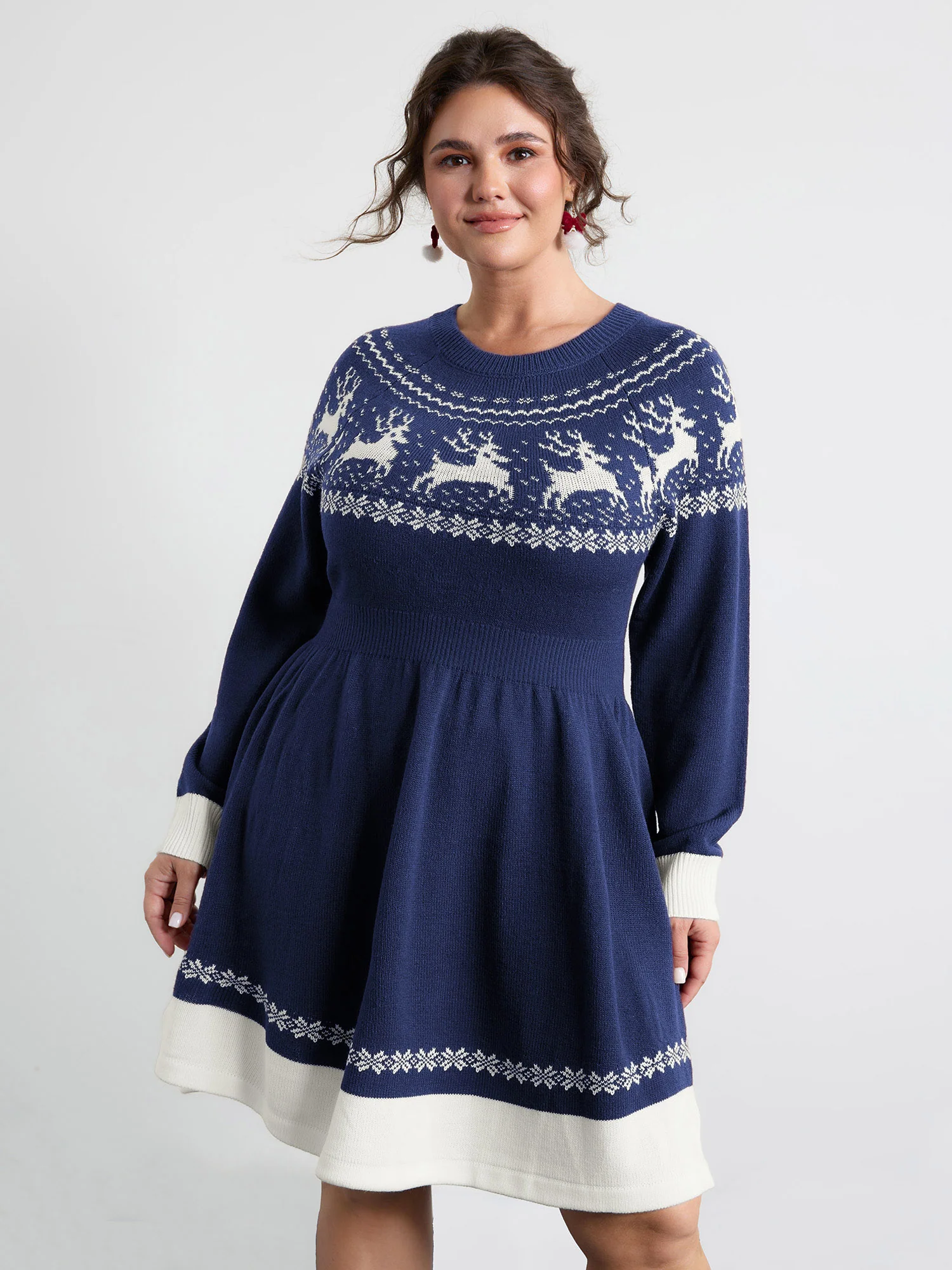 Reindeer Print Cinched-Waist Sweater Mini Dress - Image 20