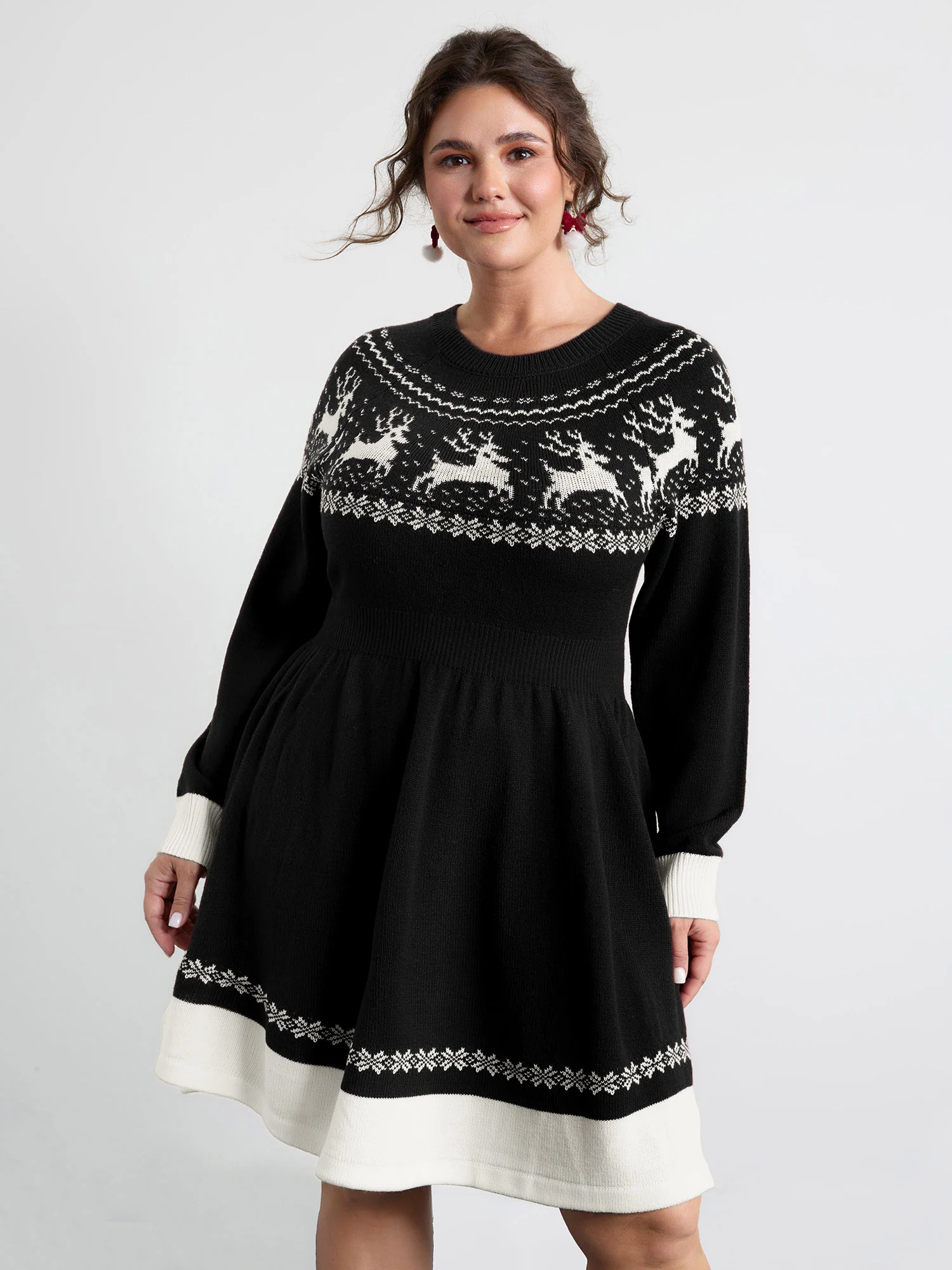 Reindeer Print Cinched-Waist Sweater Mini Dress - Image 8