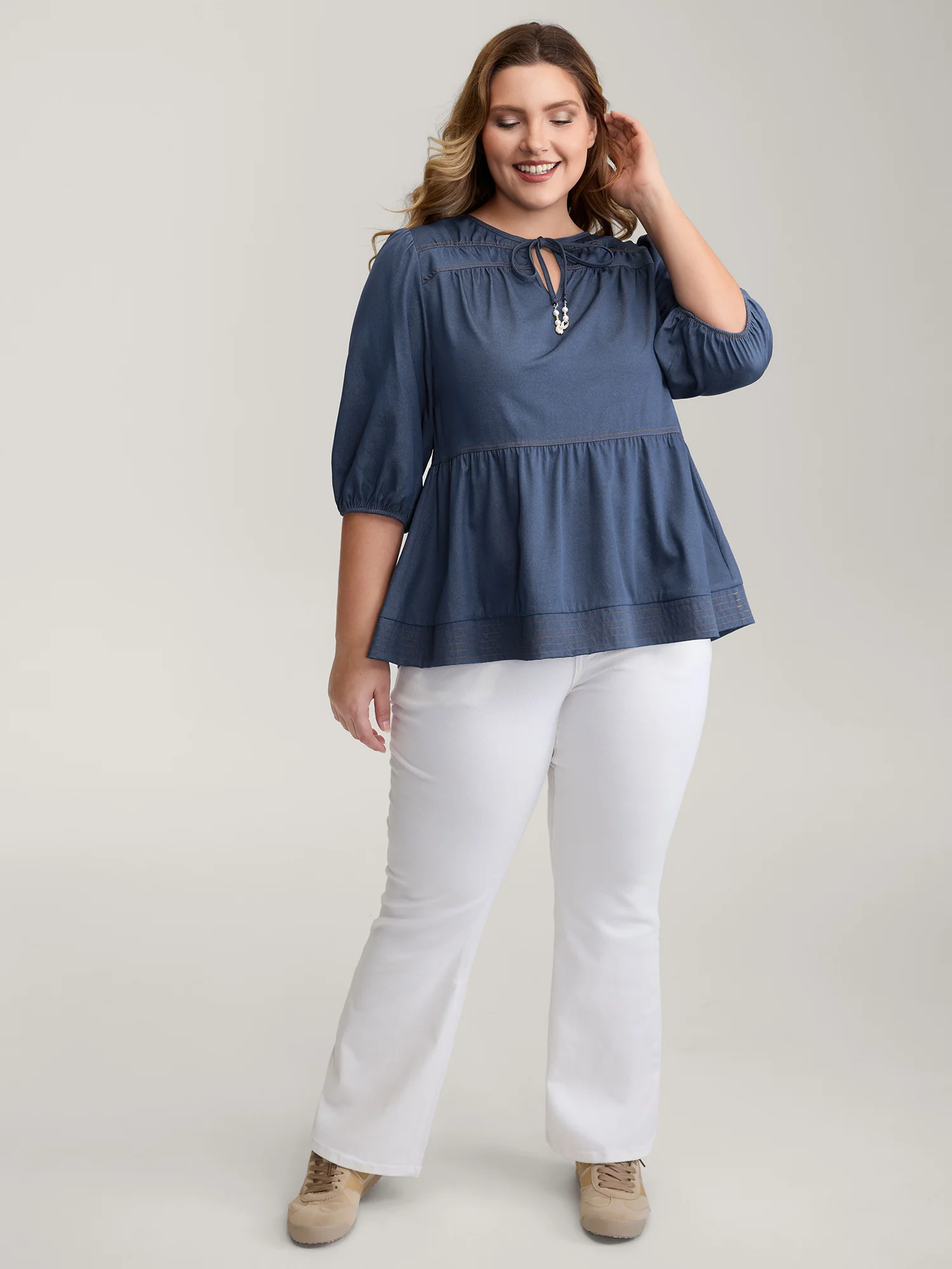 Relaxed-Fit Denim-Style Neck Tie Blouse - Image 3