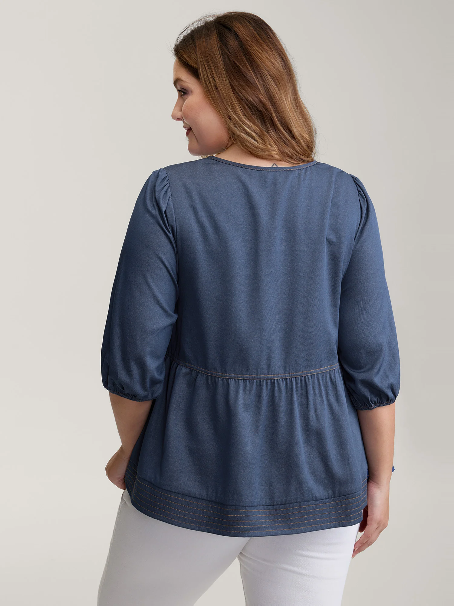Relaxed-Fit Denim-Style Neck Tie Blouse - Image 4