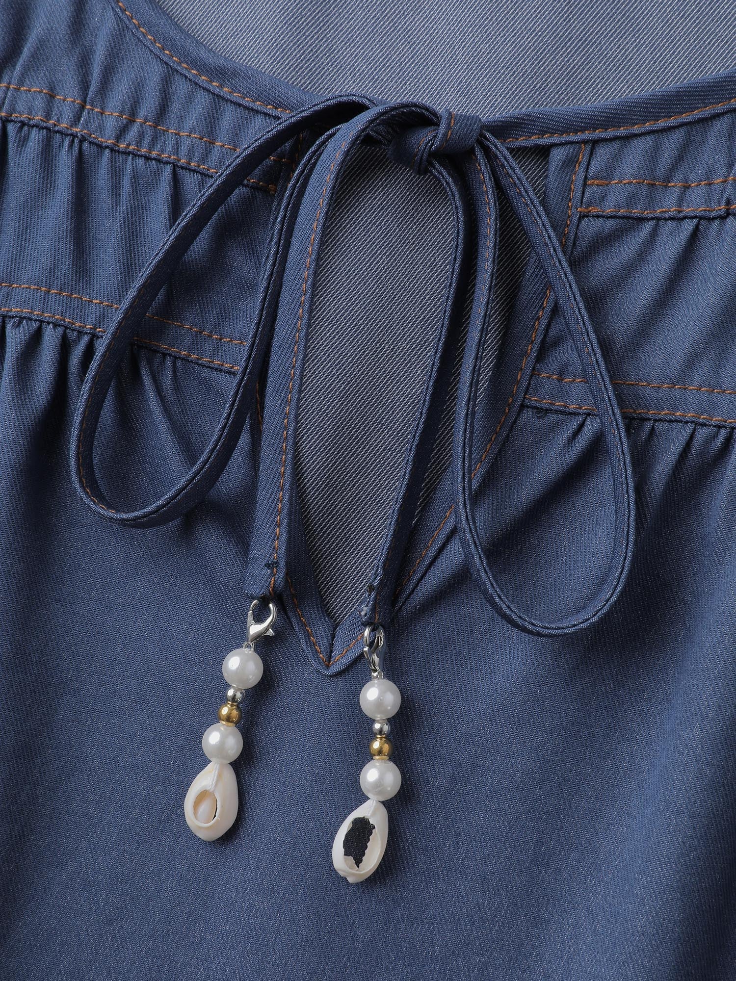 Relaxed-Fit Denim-Style Neck Tie Blouse - Image 5