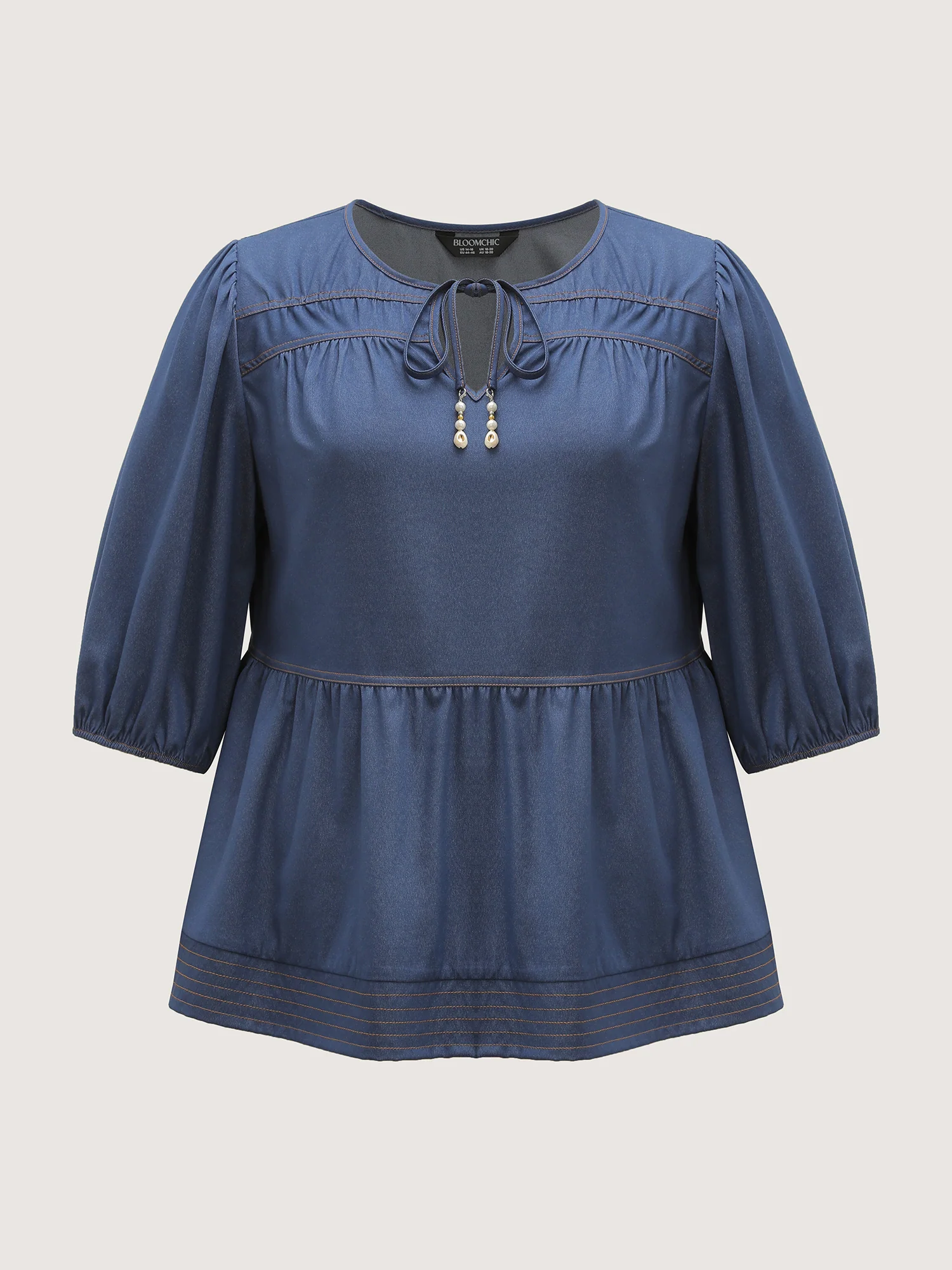 Relaxed-Fit Denim-Style Neck Tie Blouse - Image 8