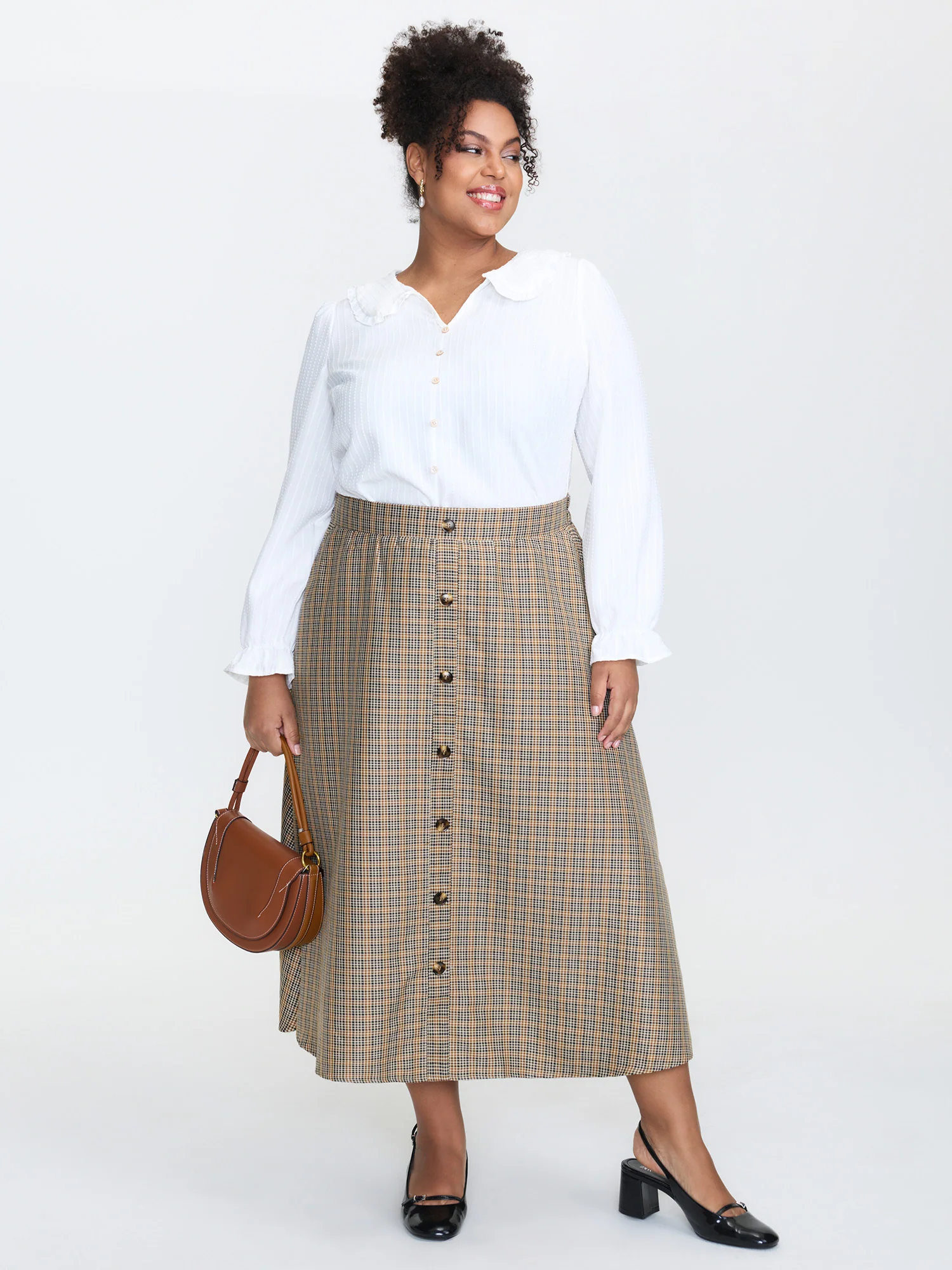 Retro Check Pattern Button Decor Midi Skirt - Image 2
