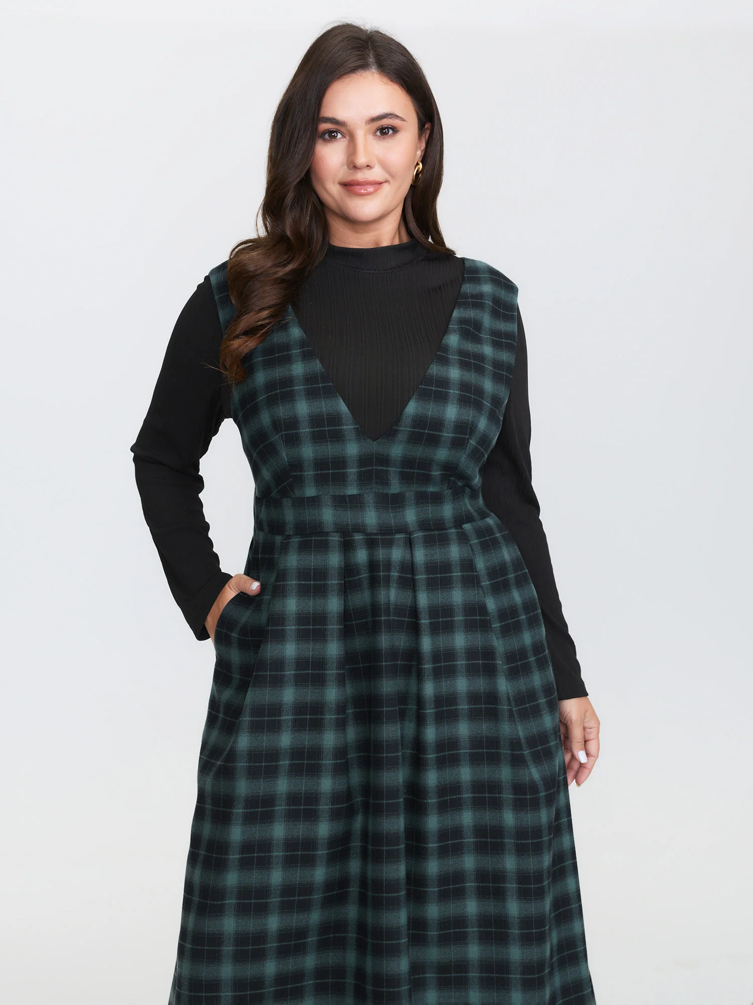 Retro Checkered Print V-Neck Overall Midi Dress - Image 2