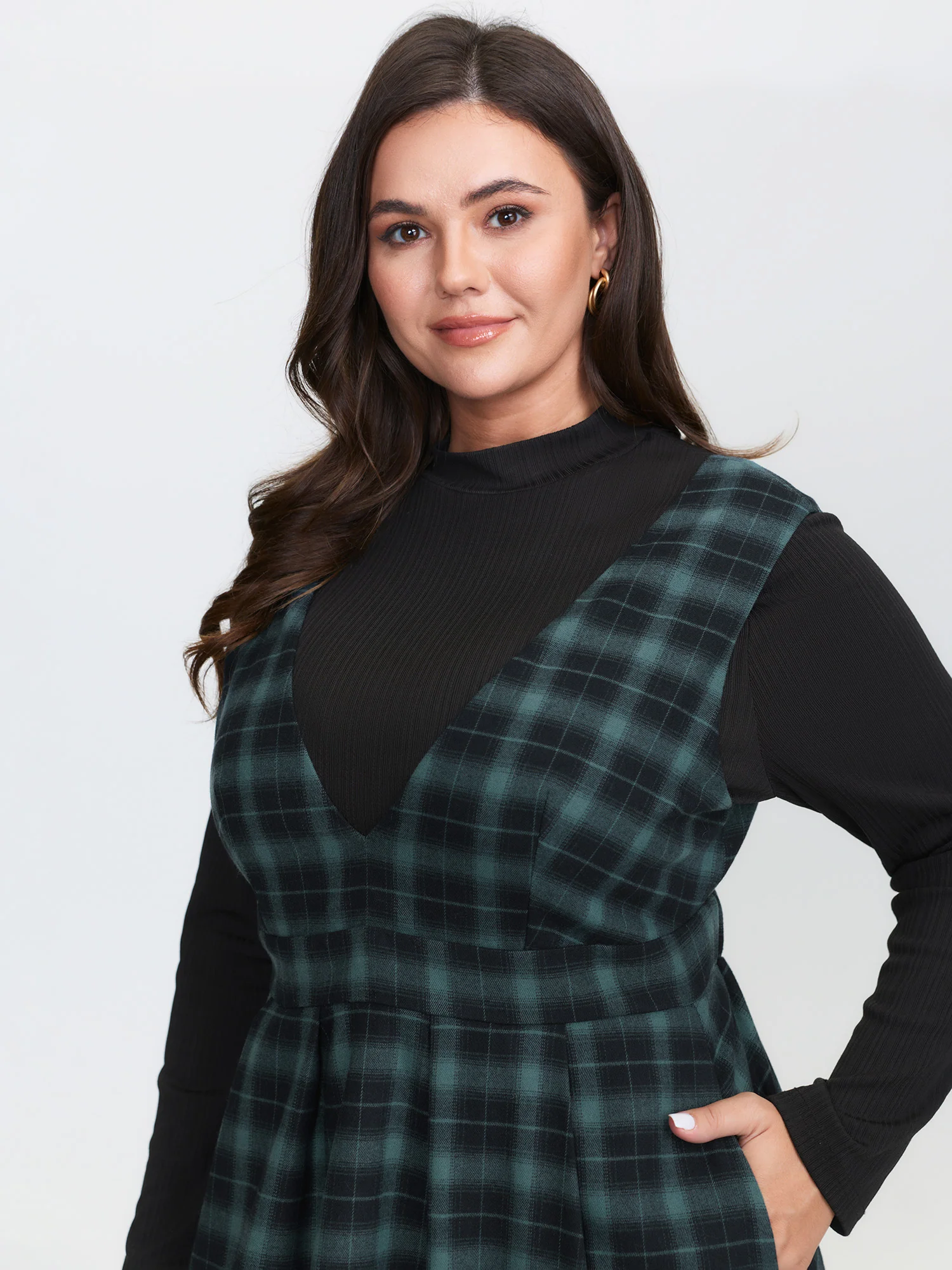 Retro Checkered Print V-Neck Overall Midi Dress - Image 3