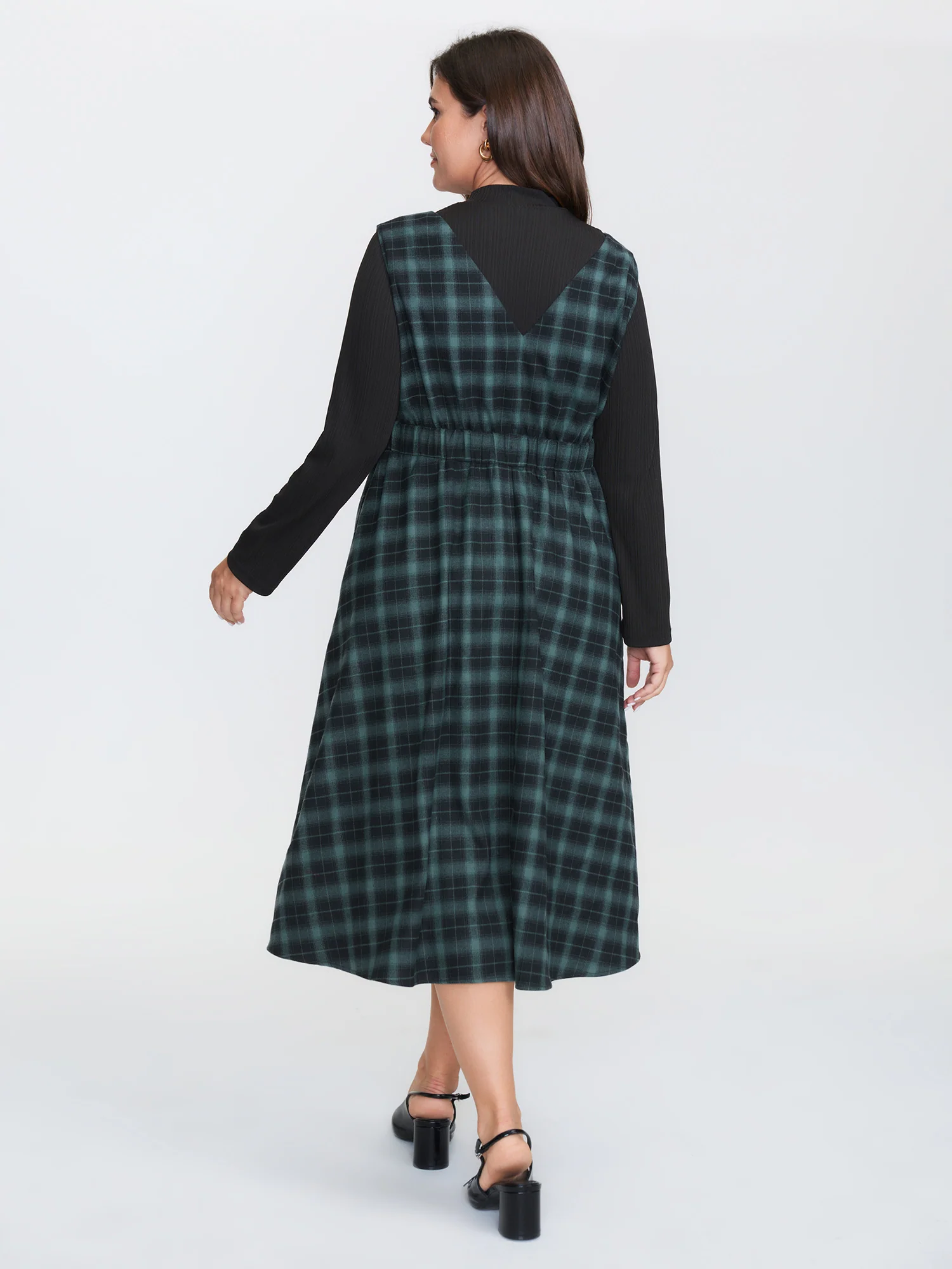 Retro Checkered Print V-Neck Overall Midi Dress - Image 4