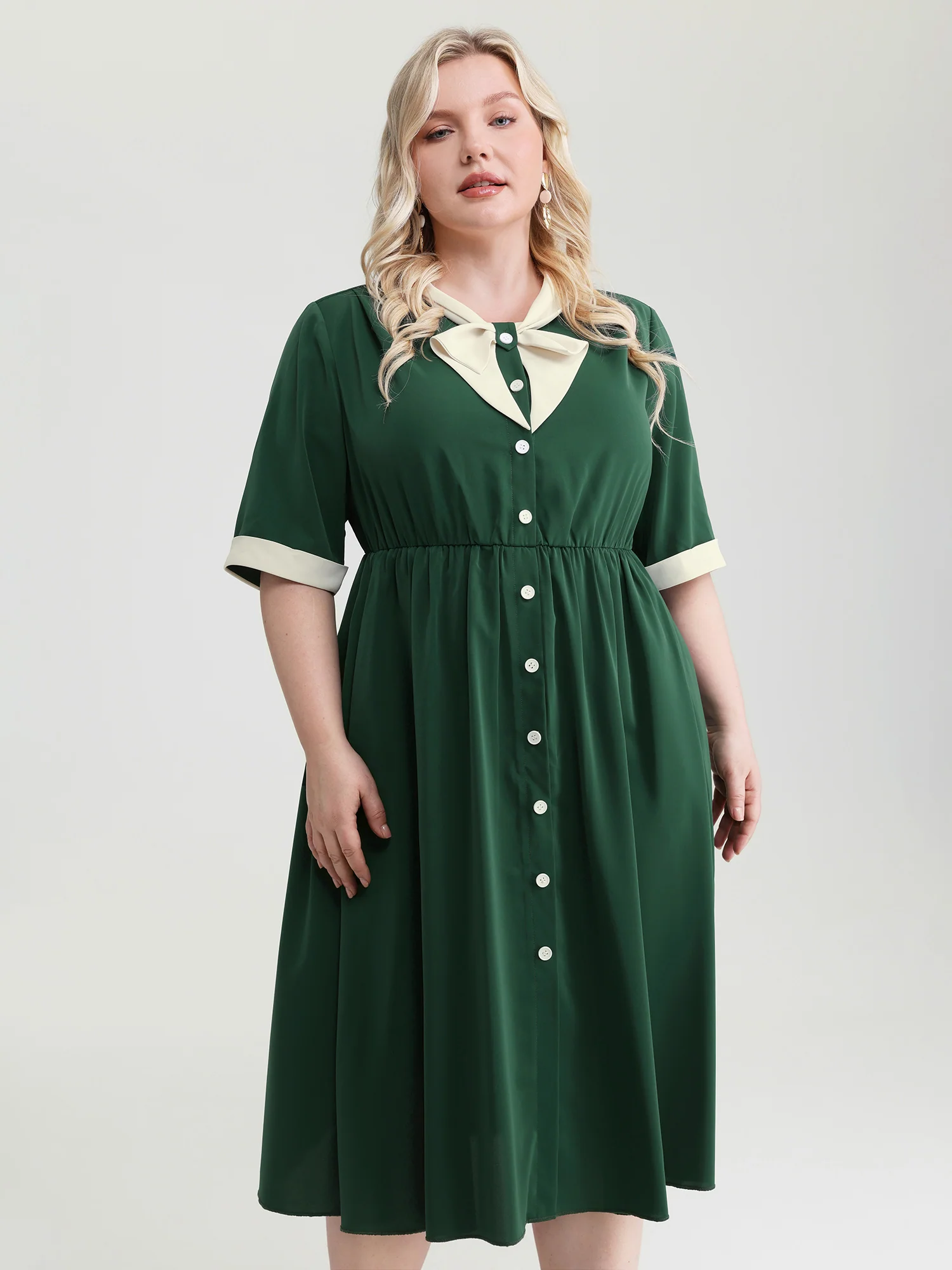 Retro Color Contrast Floating Collar Midi Dress - Image 2