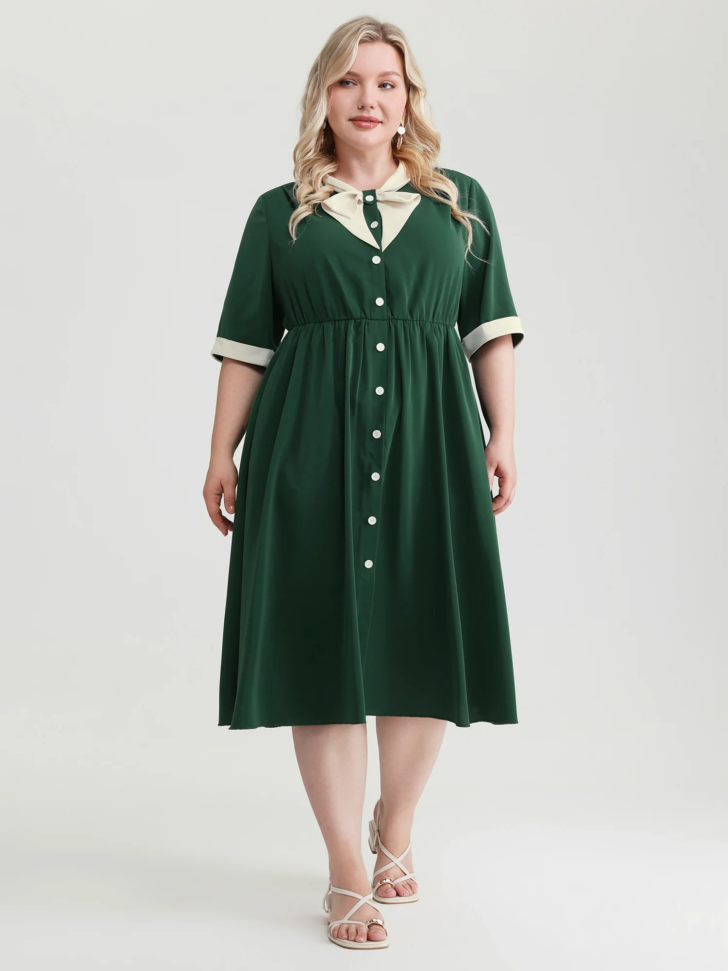 Retro Color Contrast Floating Collar Midi Dress - Image 3